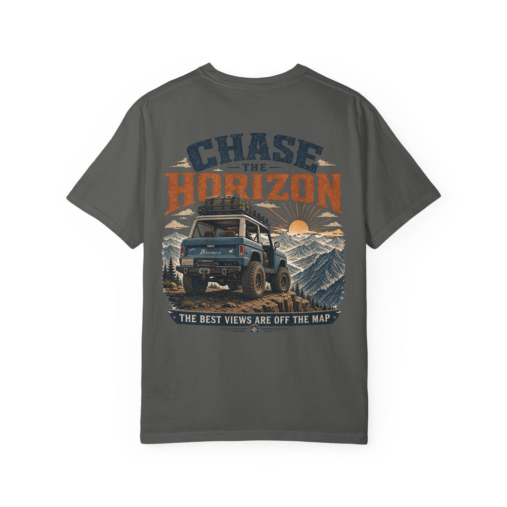 Chase The Horizon Adventure T-Shirt — Off-Road Camper & Mountains Graphic