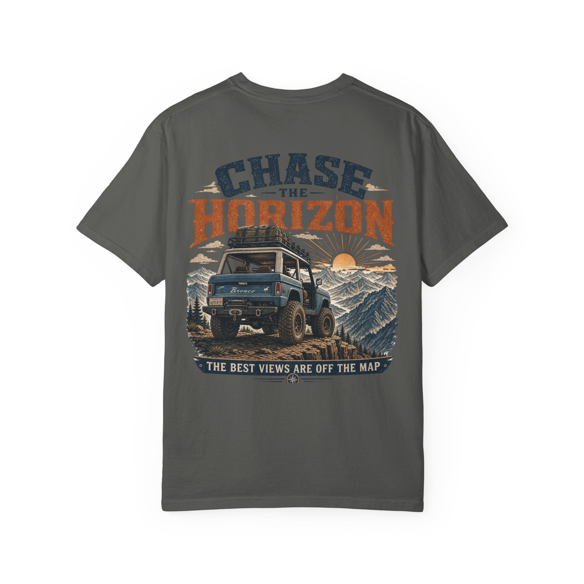 Chase The Horizon Adventure T-Shirt — Off-Road Camper & Mountains Graphic