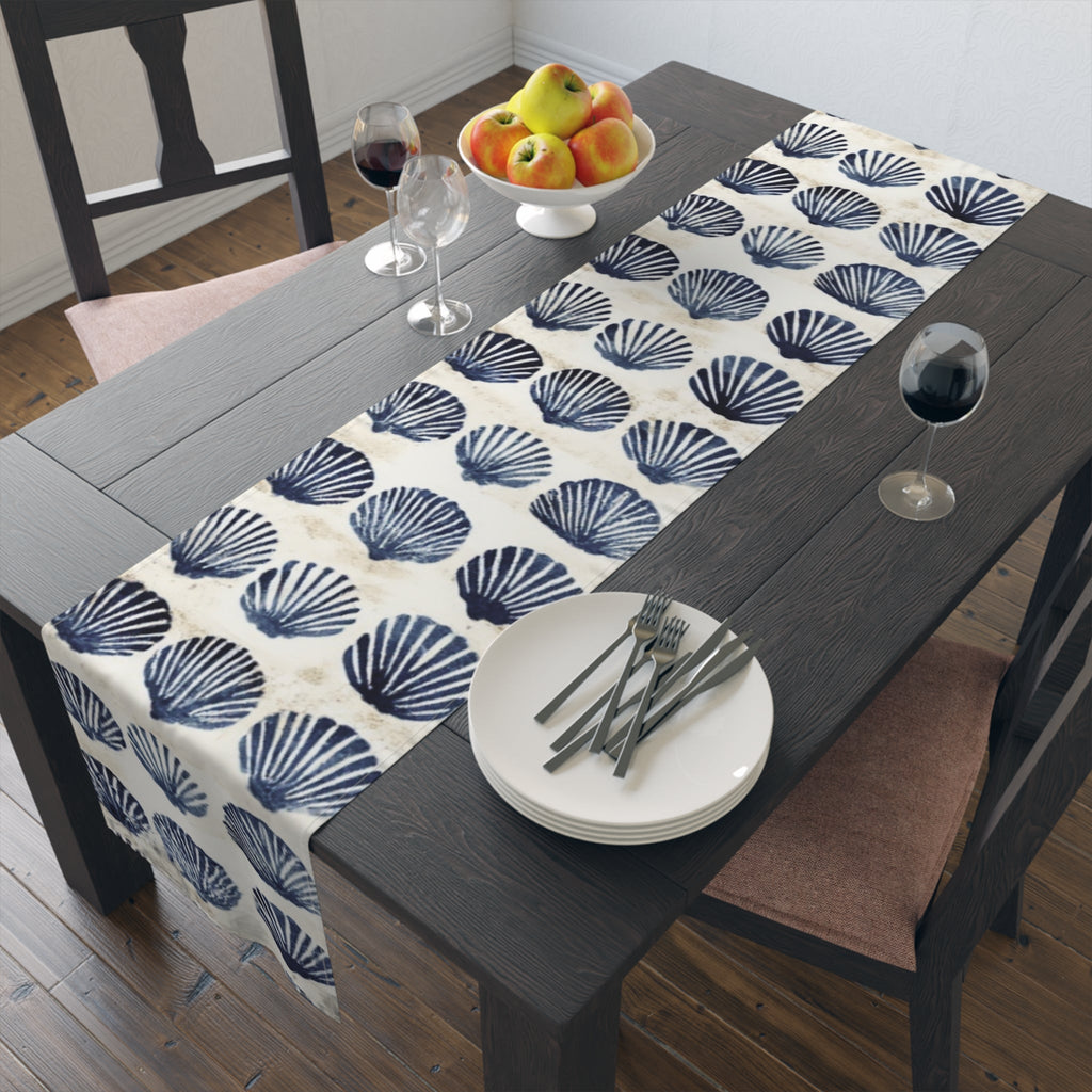 Coastal Navy Shell Table Runner â€“ Blue Seashell Cotton-Poly Dining Decor