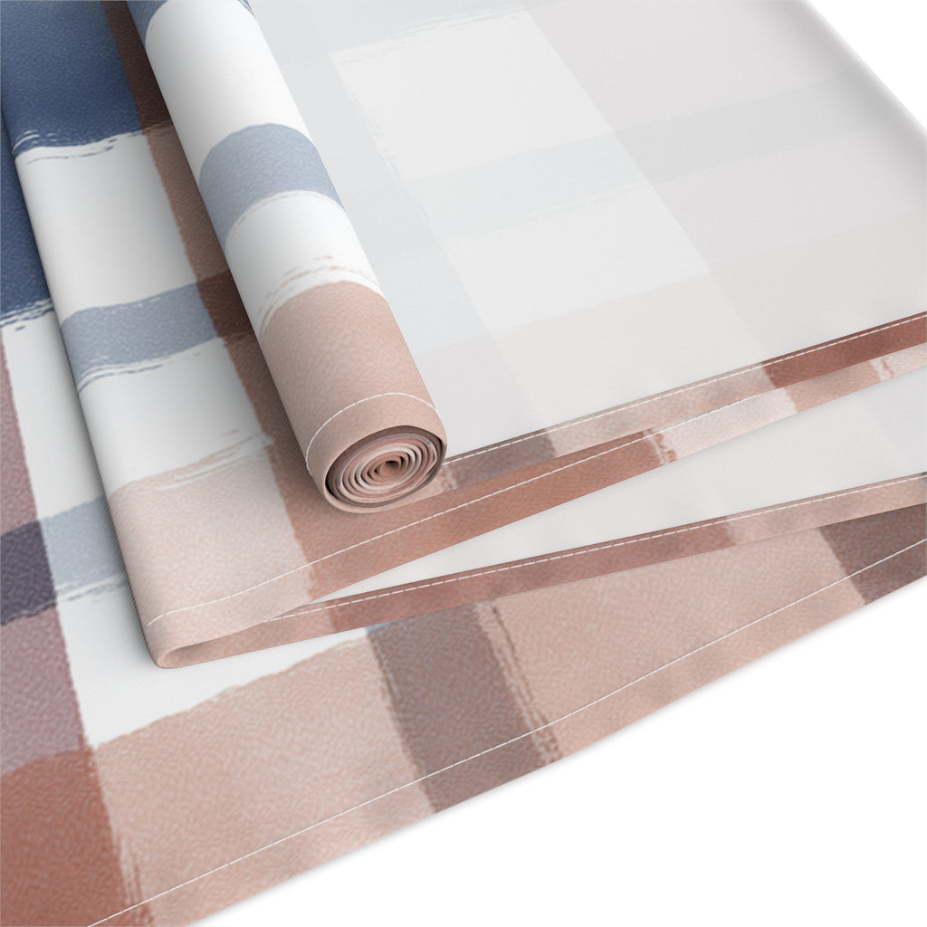 Plaid Watercolor Table Runner â€” Blue & Blush Cotton-Poly Decor