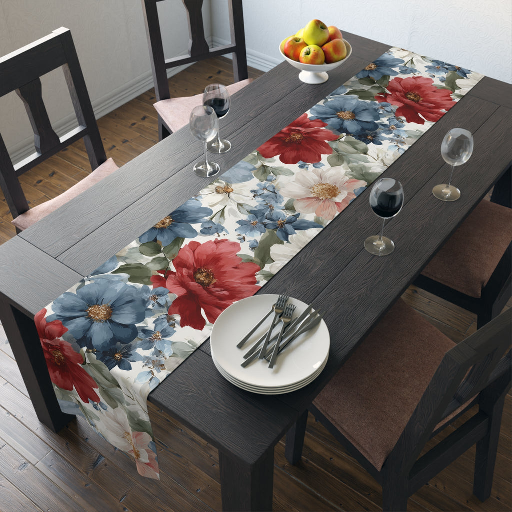 Floral Cotton-Poly Table Runner â€” Blue & Rust Watercolor Garden