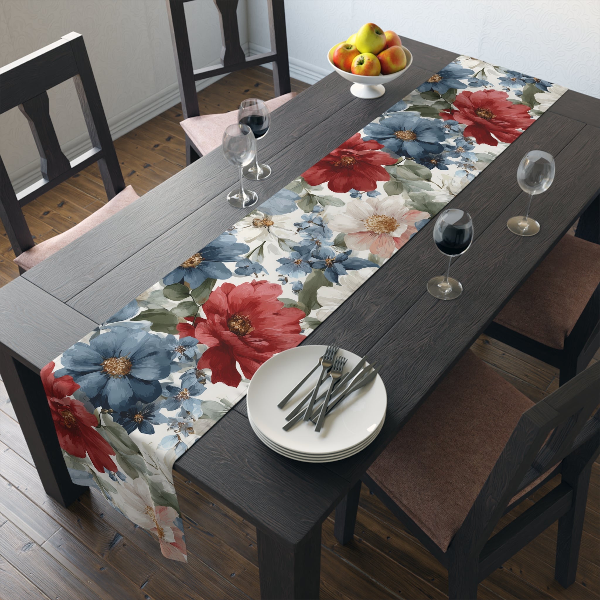 Floral Cotton-Poly Table Runner â€” Blue & Rust Watercolor Garden