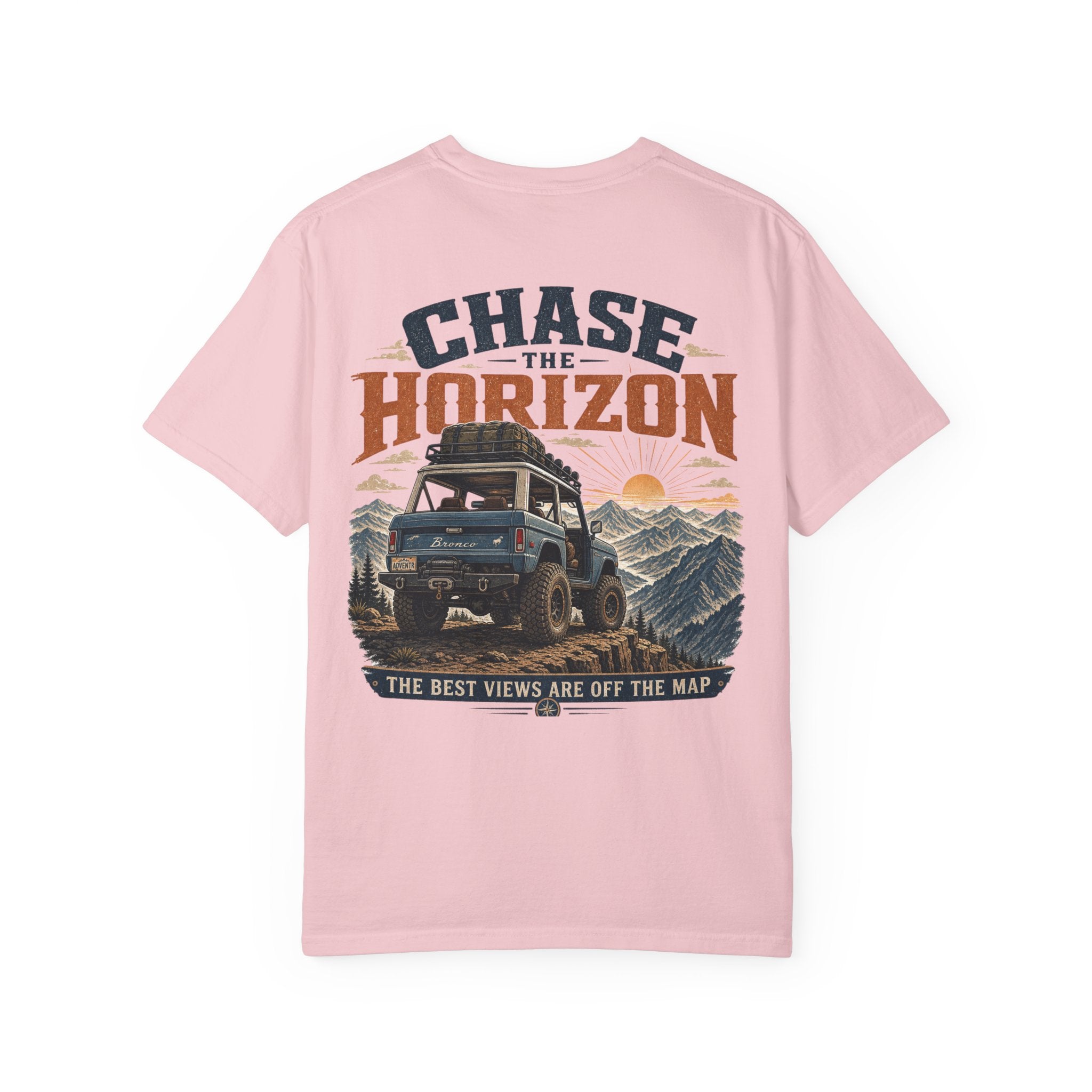 Chase The Horizon Adventure T-Shirt — Off-Road Camper & Mountains Graphic