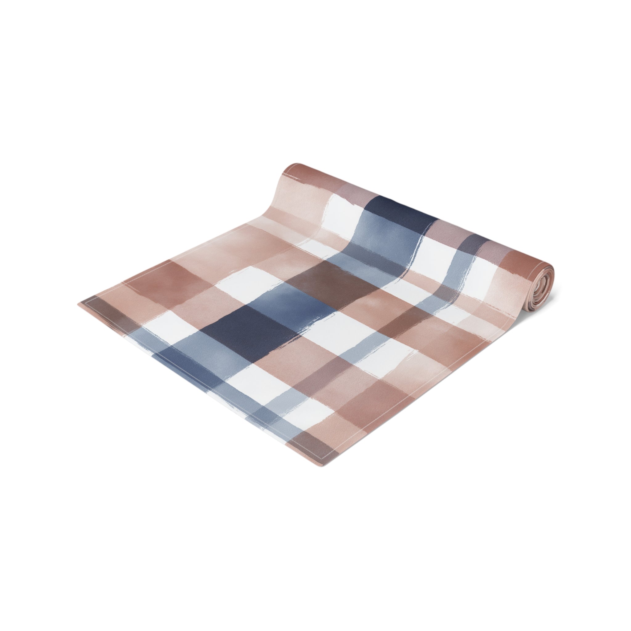 Plaid Watercolor Table Runner â€” Blue & Blush Cotton-Poly Decor