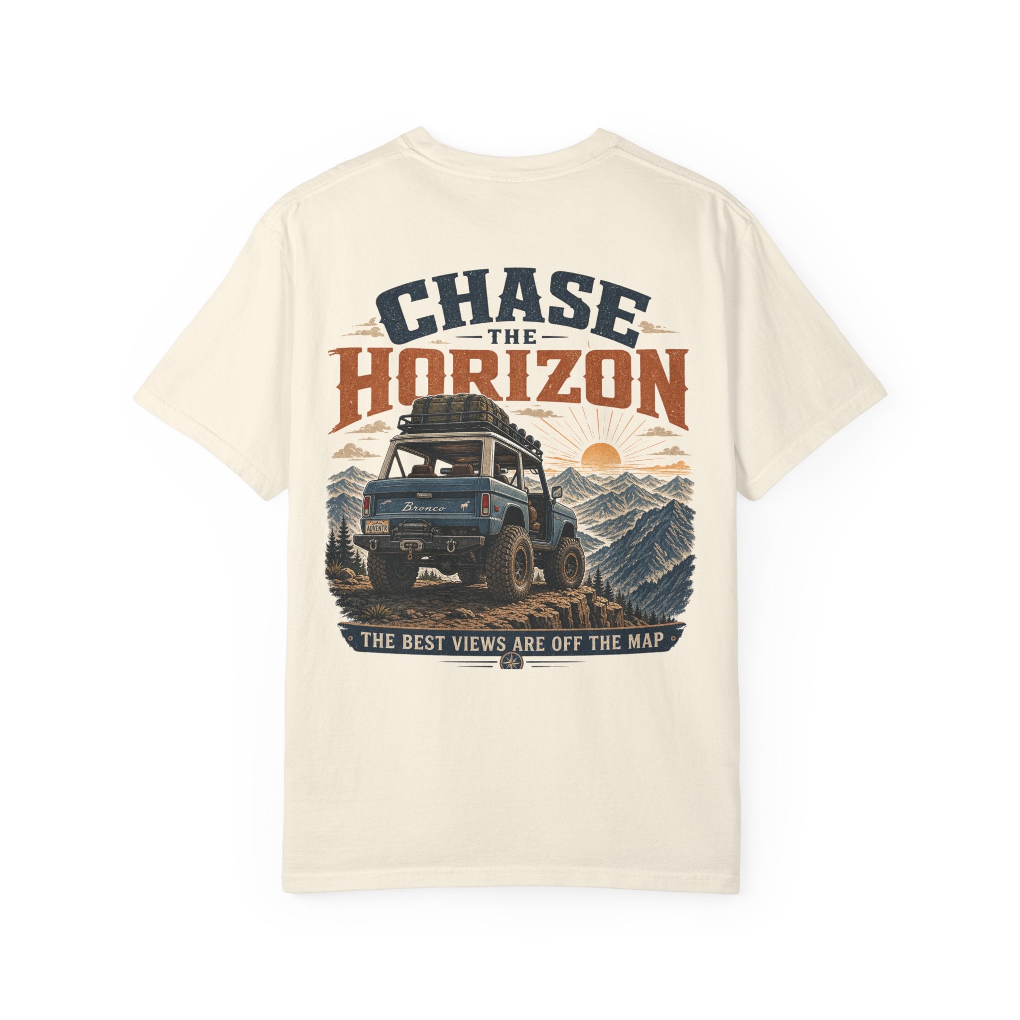 Chase The Horizon Adventure T-Shirt — Off-Road Camper & Mountains Graphic