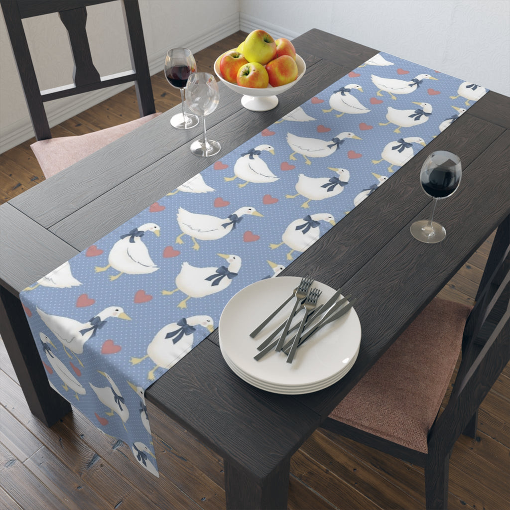 Goose Pattern Table Runner â€” Blue Cotton-Poly Dining Runner with Cute Hearts