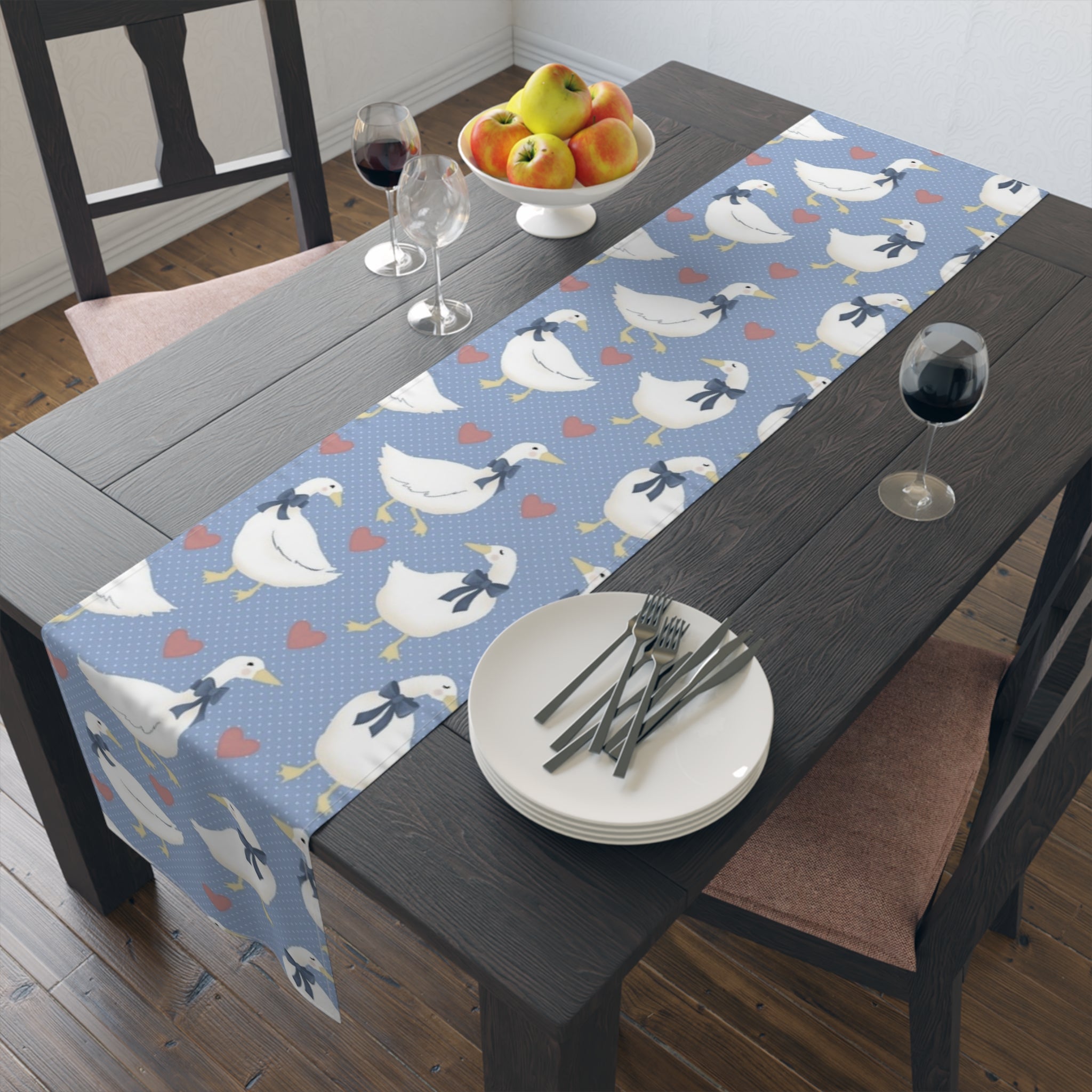 Goose Pattern Table Runner â€” Blue Cotton-Poly Dining Runner with Cute Hearts