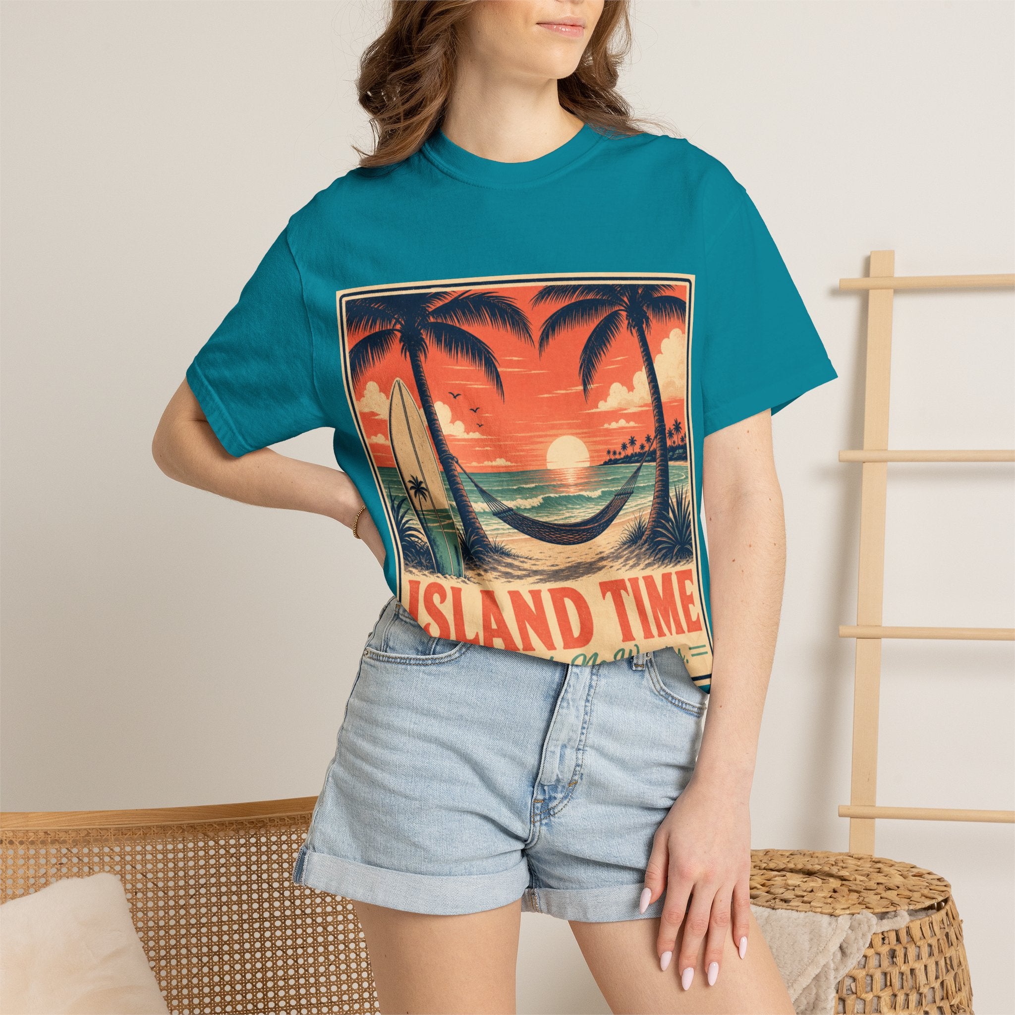 Island Time Graphic T-Shirt — "Island Time: No Rush, No Worries" Vintage Sunset Tee