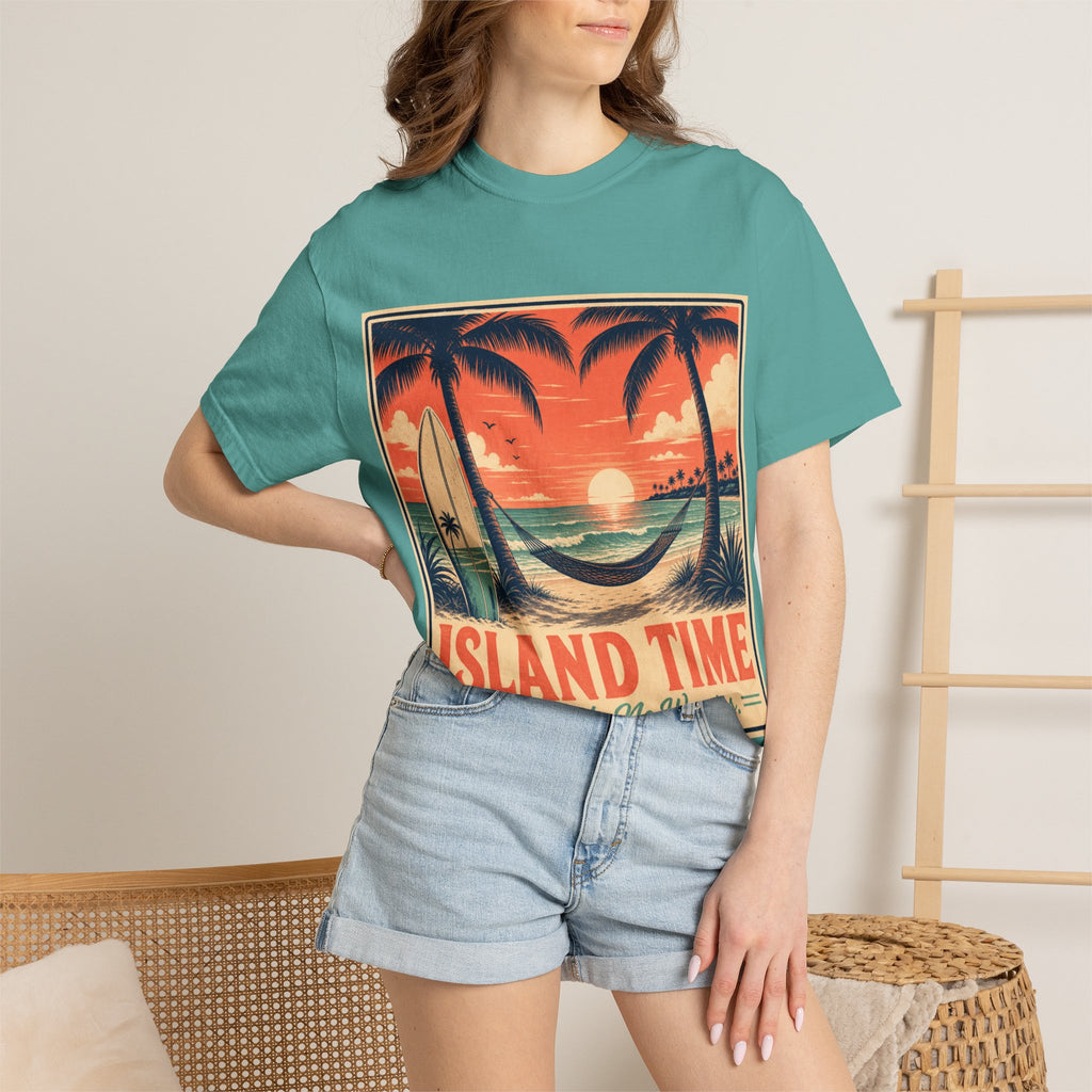 Island Time Graphic T-Shirt — "Island Time: No Rush, No Worries" Vintage Sunset Tee