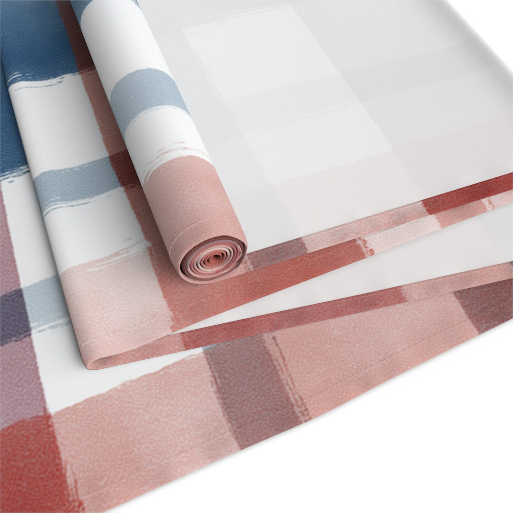 Plaid Watercolor Table Runner â€” Blue & Blush Cotton-Poly Decor