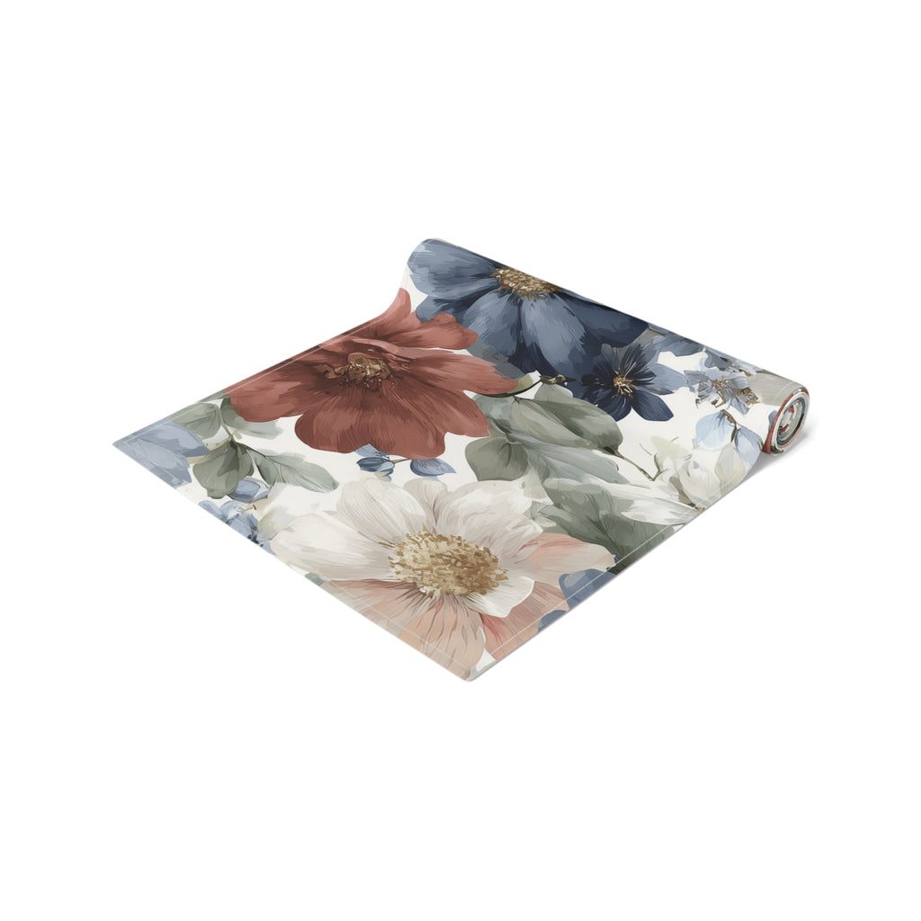 Floral Cotton-Poly Table Runner â€” Blue & Rust Watercolor Garden