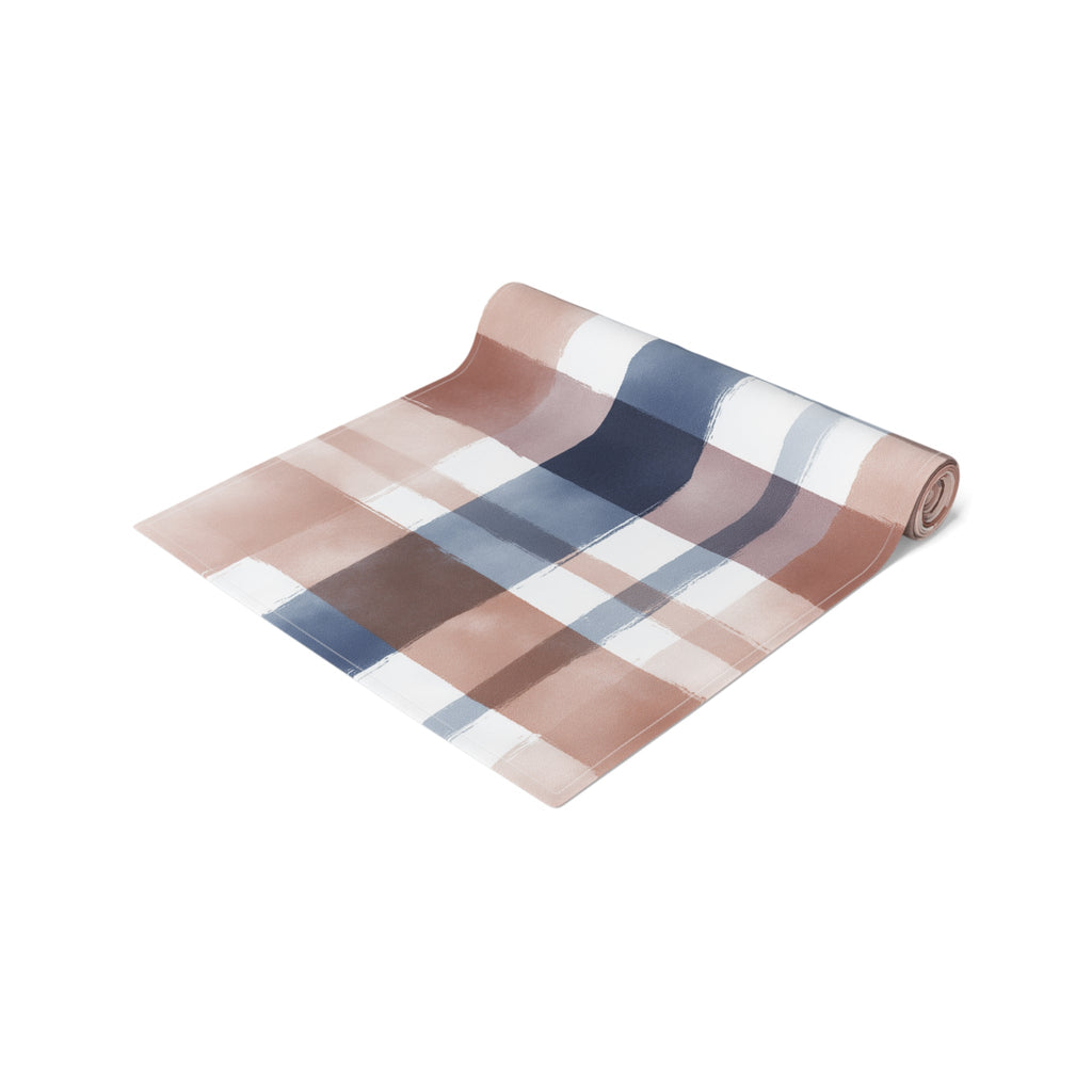 Plaid Watercolor Table Runner â€” Blue & Blush Cotton-Poly Decor