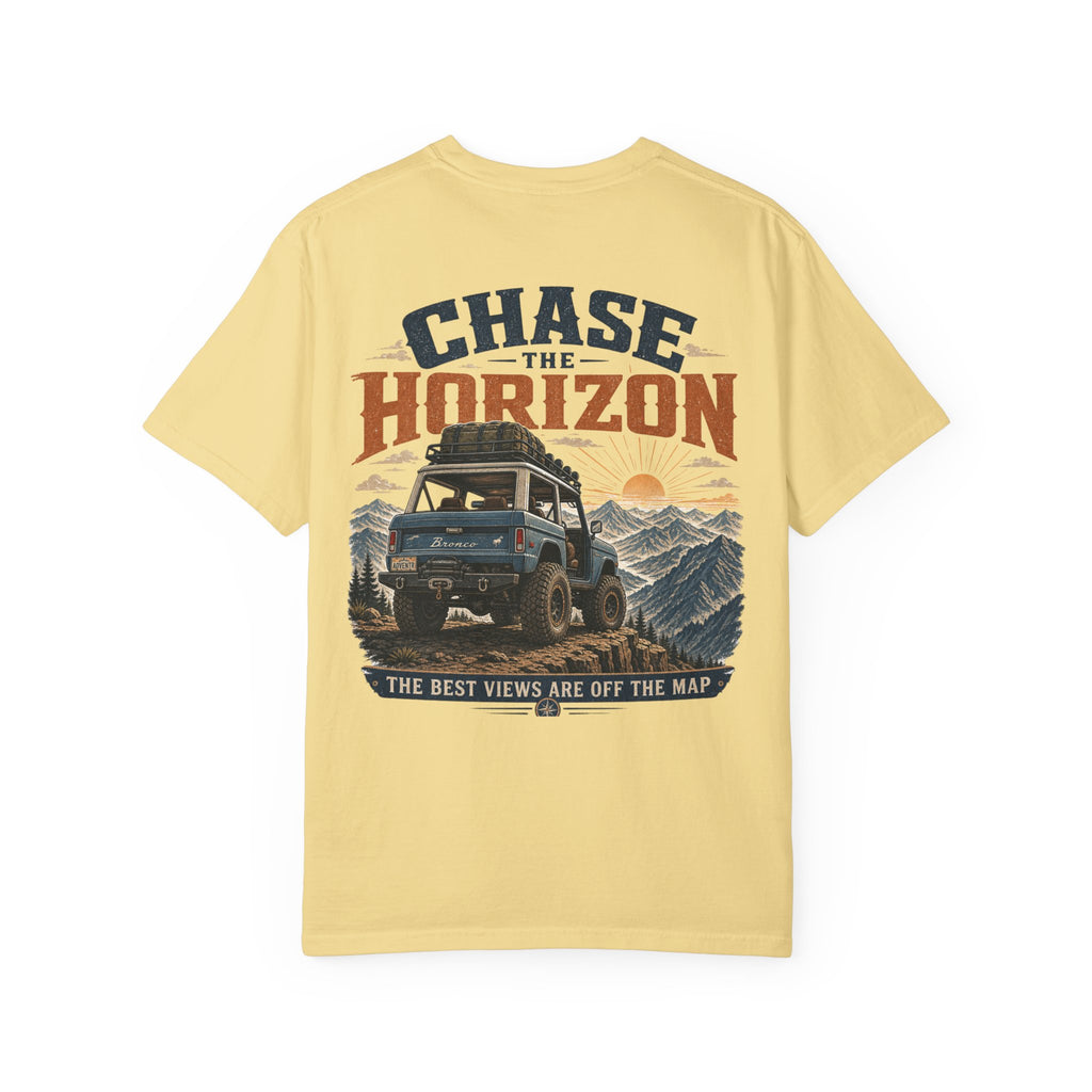 Chase The Horizon Adventure T-Shirt — Off-Road Camper & Mountains Graphic