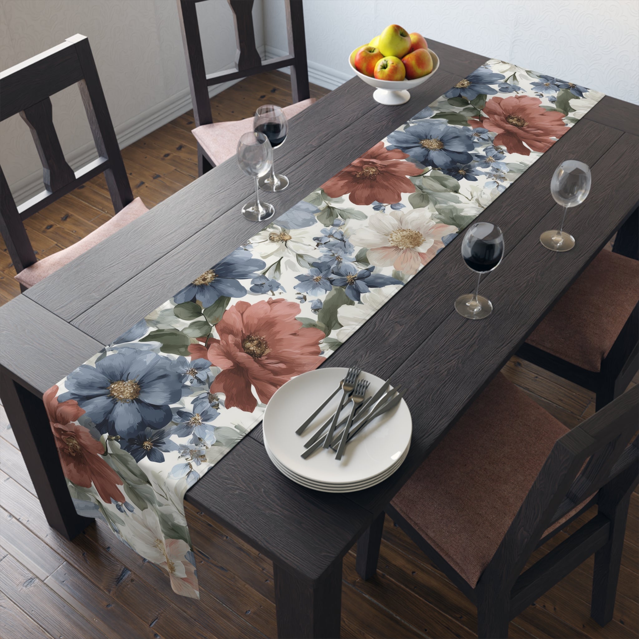 Floral Cotton-Poly Table Runner â€” Blue & Rust Watercolor Garden