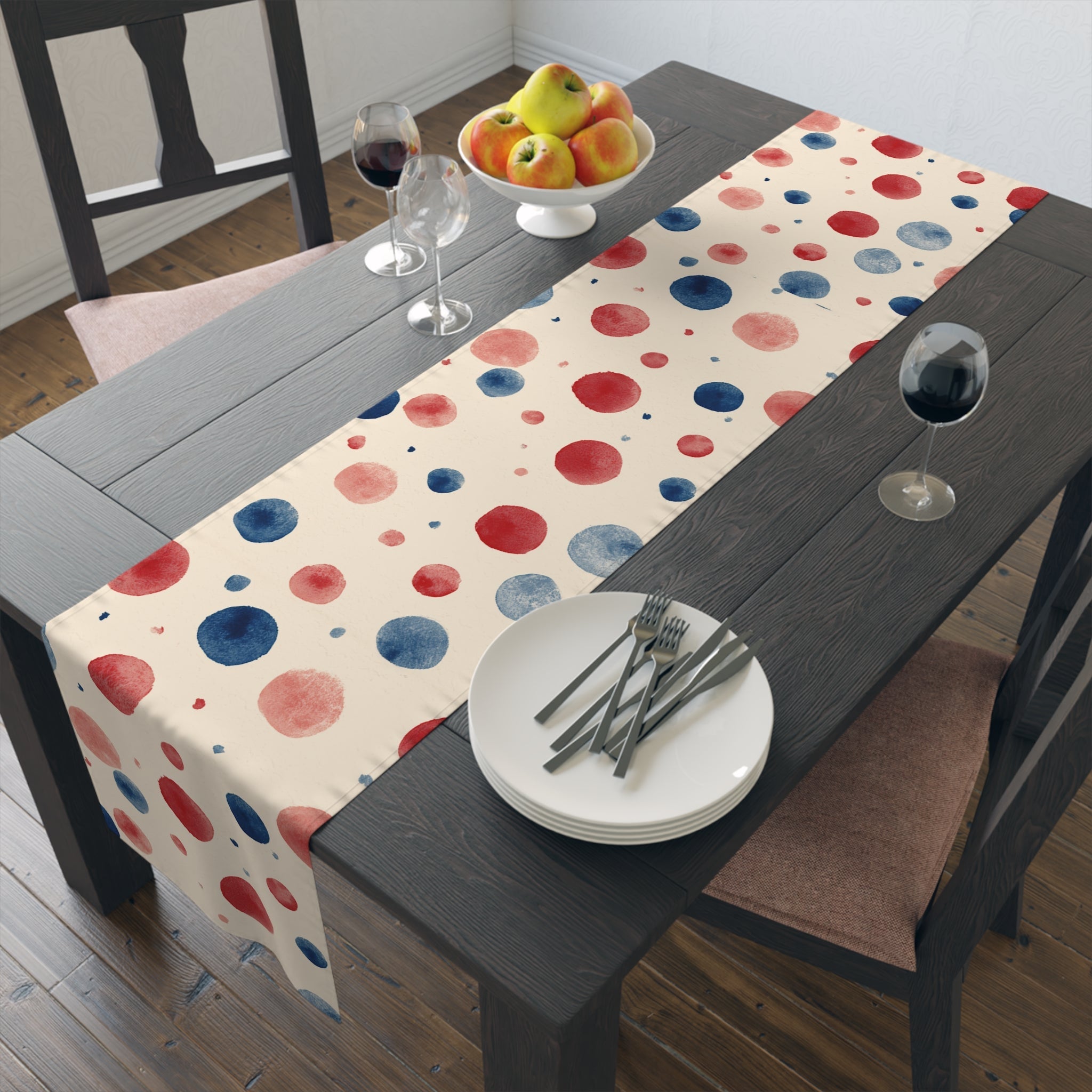 Watercolor Dot Table Runner â€” Neutral Blush & Navy Cotton-Poly Table Decor