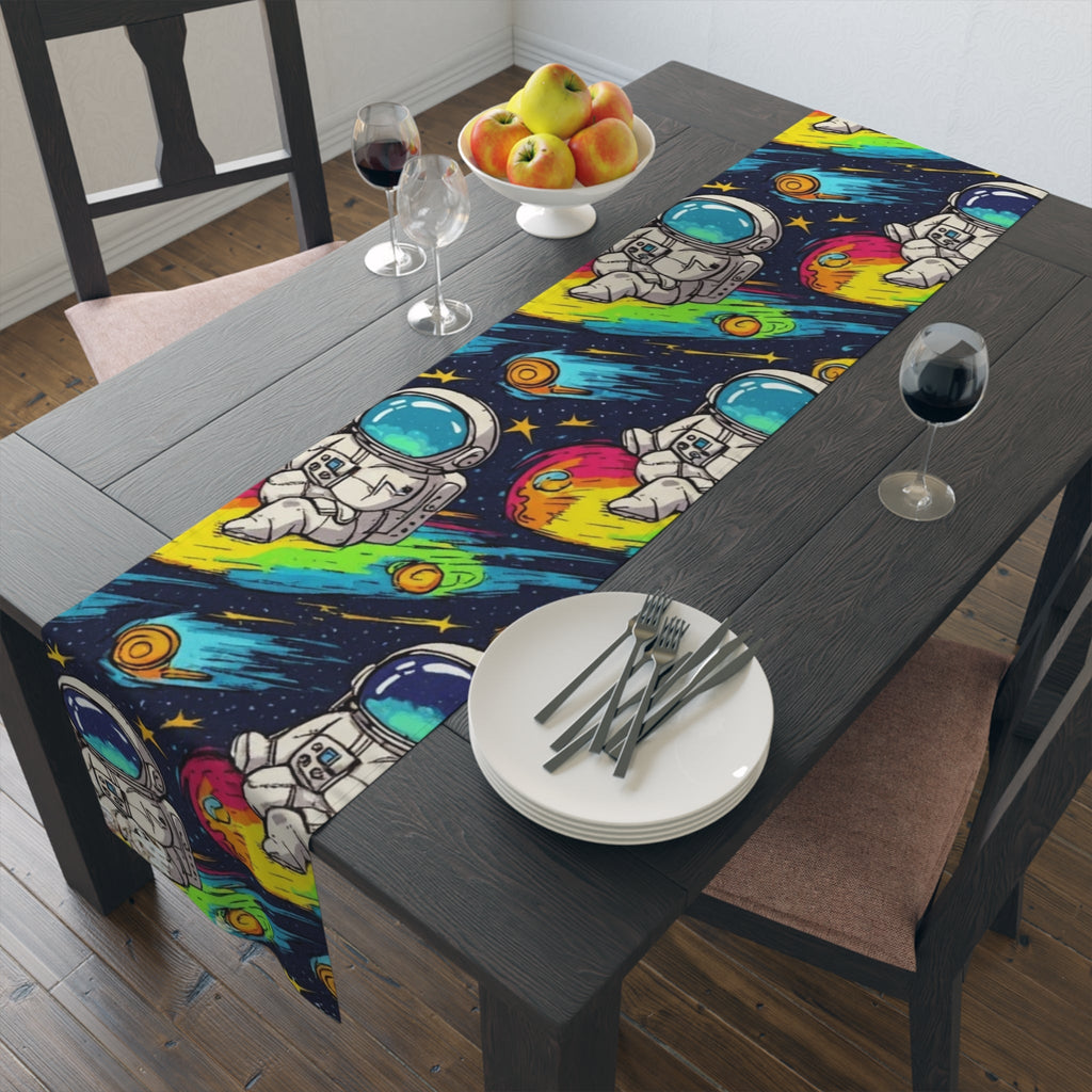 Astronaut Space Pattern Table Runner â€” Colorful Cosmic Dinner Table Decor