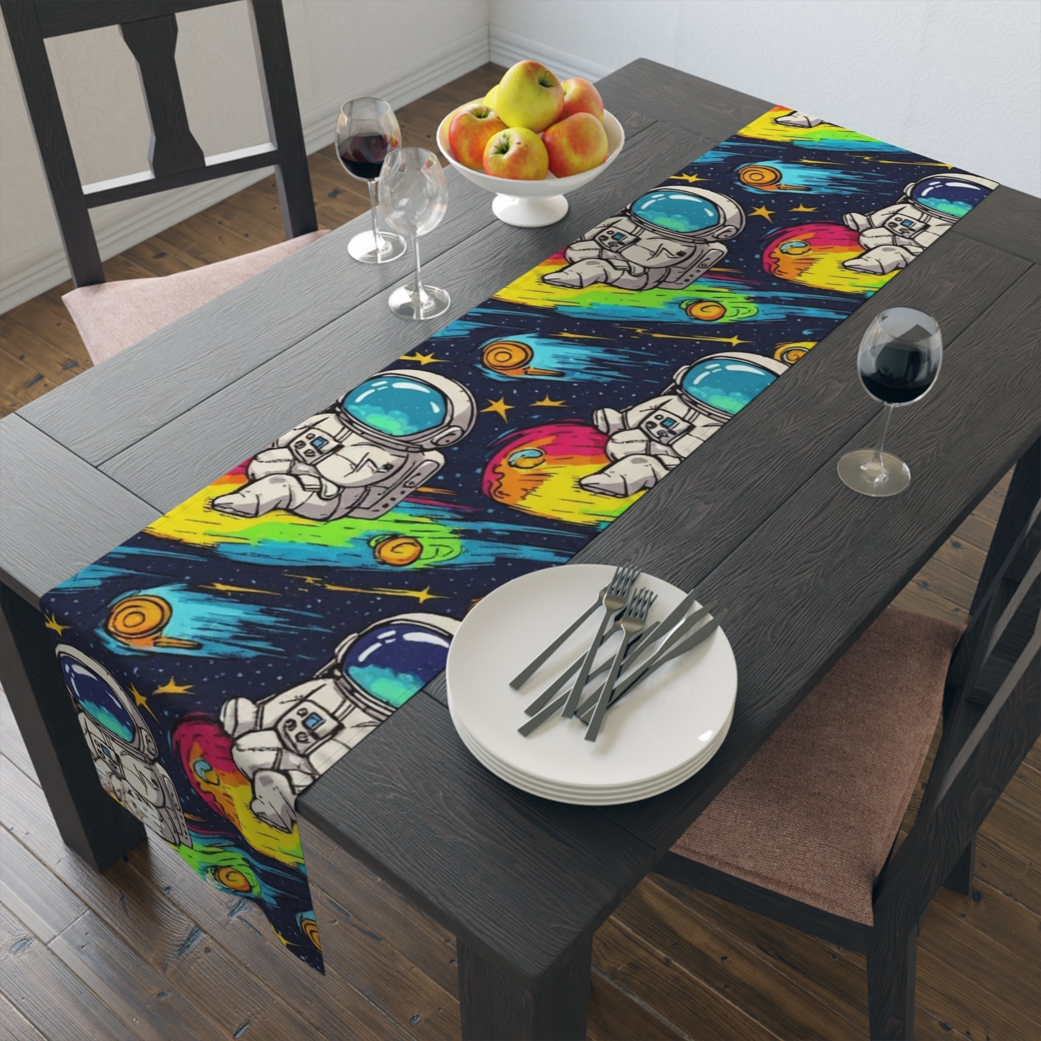 Astronaut Space Pattern Table Runner â€” Colorful Cosmic Dinner Table Decor