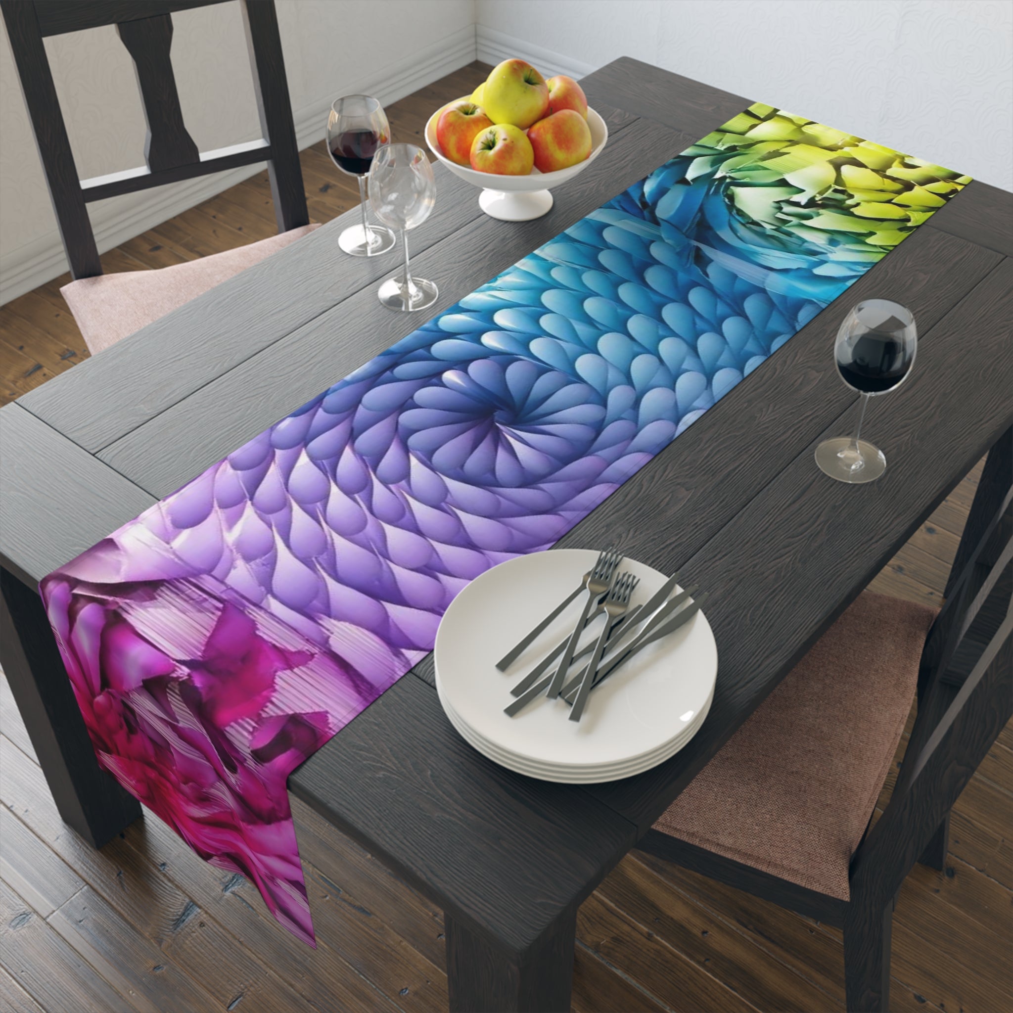 Color Burst Floral Table Runner â€” Rainbow Spiral Cotton-Blend Dining Decor