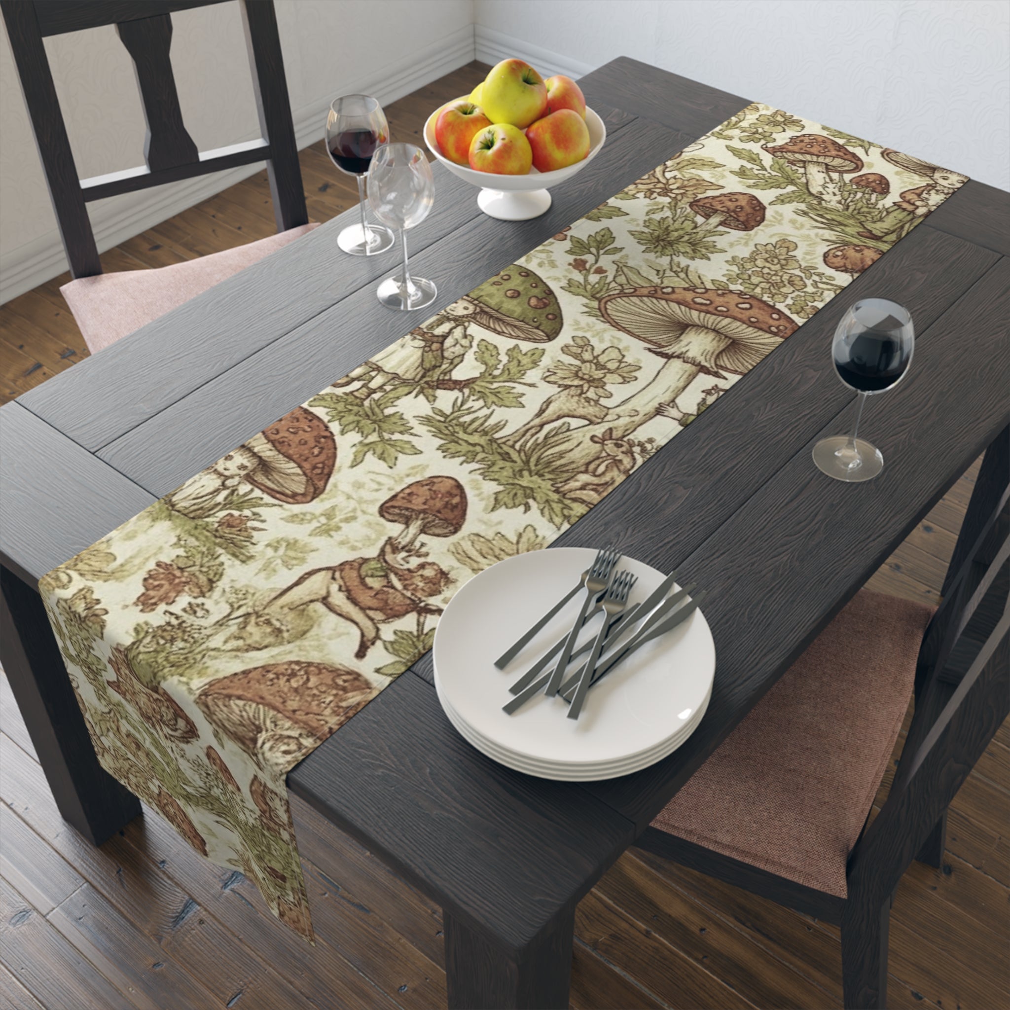 Mushroom Forest Table Runner â€” Vintage Botanical Cotton-Polyblend
