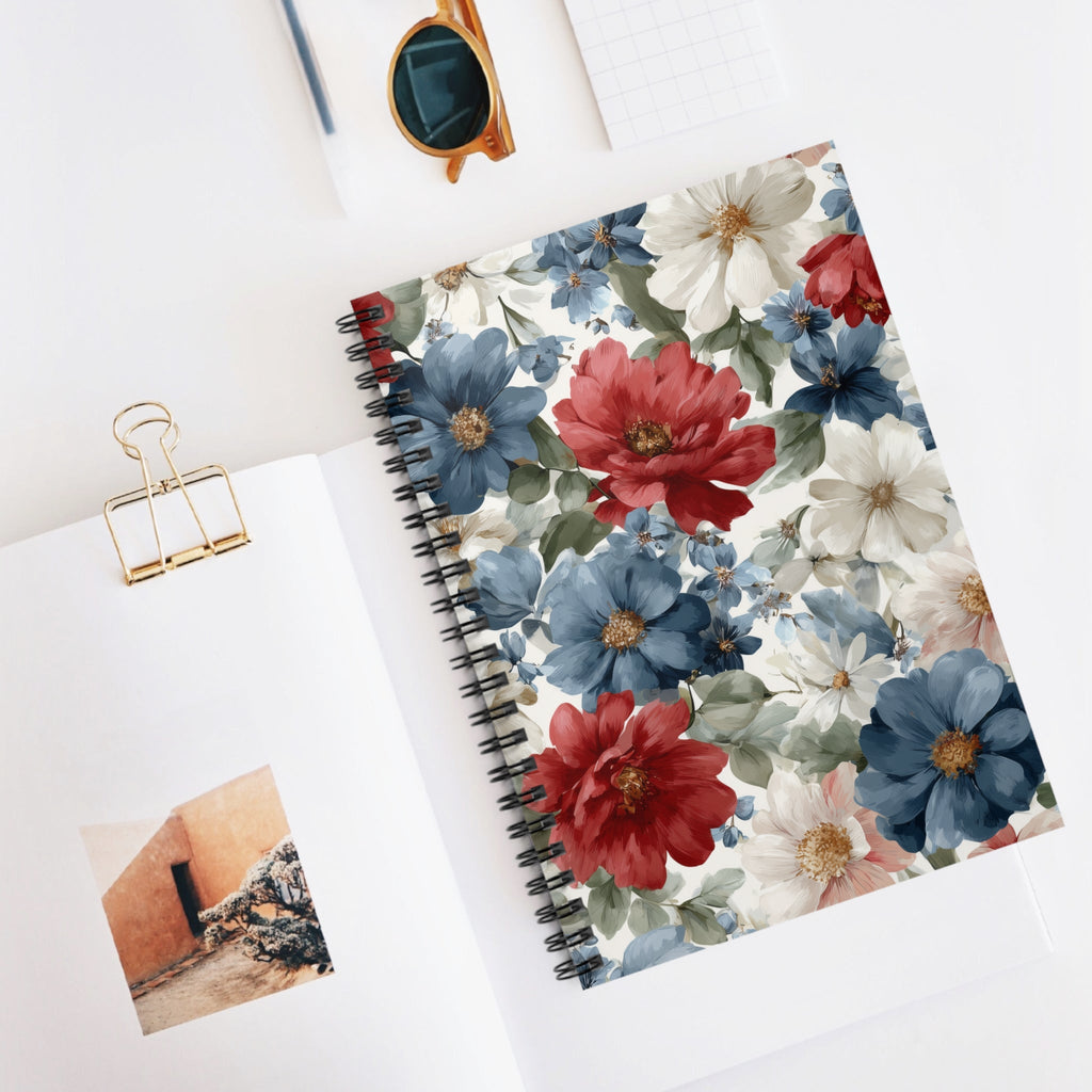 Floral Watercolor Spiral Notebook â€” Red, Blue & White Garden Blooms (Ruled)