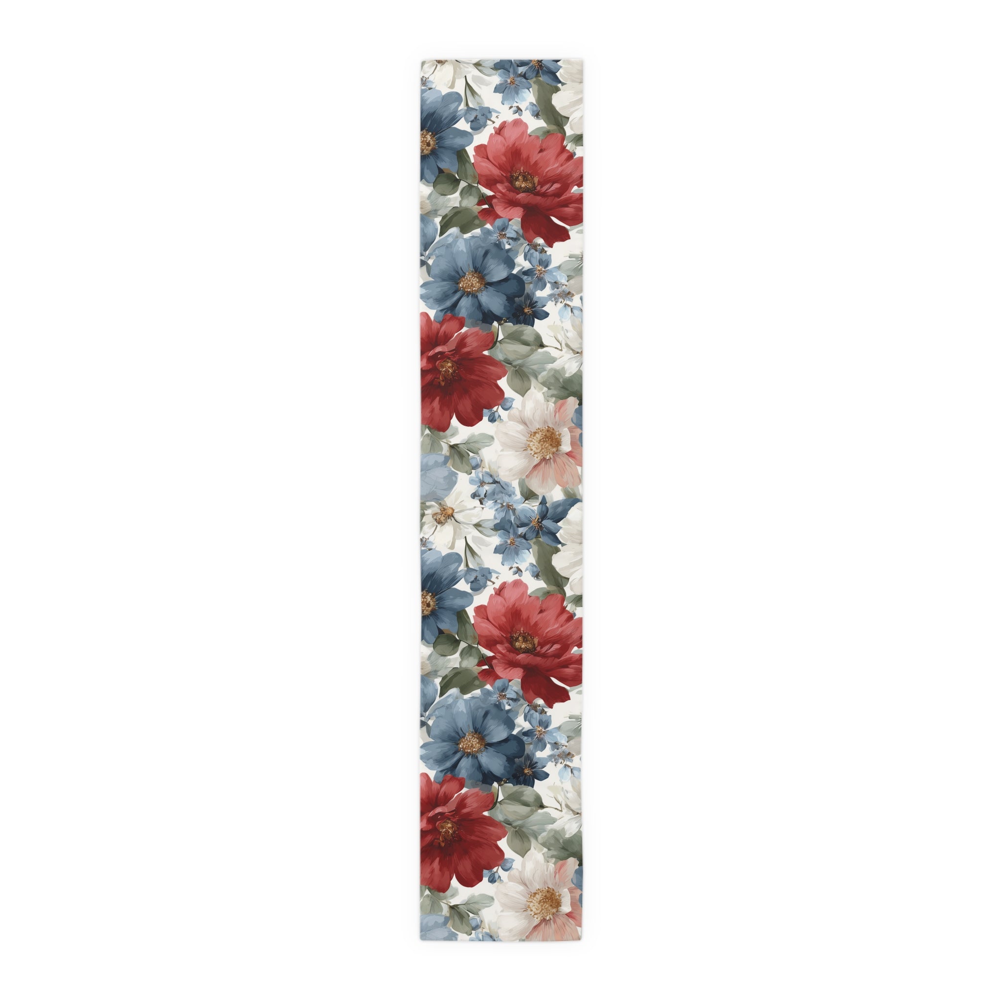 Floral Cotton-Poly Table Runner â€” Blue & Rust Watercolor Garden