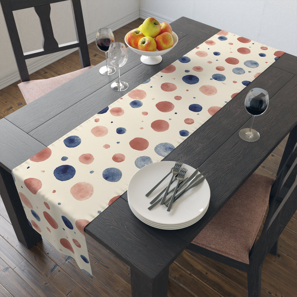 Watercolor Dot Table Runner â€” Neutral Blush & Navy Cotton-Poly Table Decor