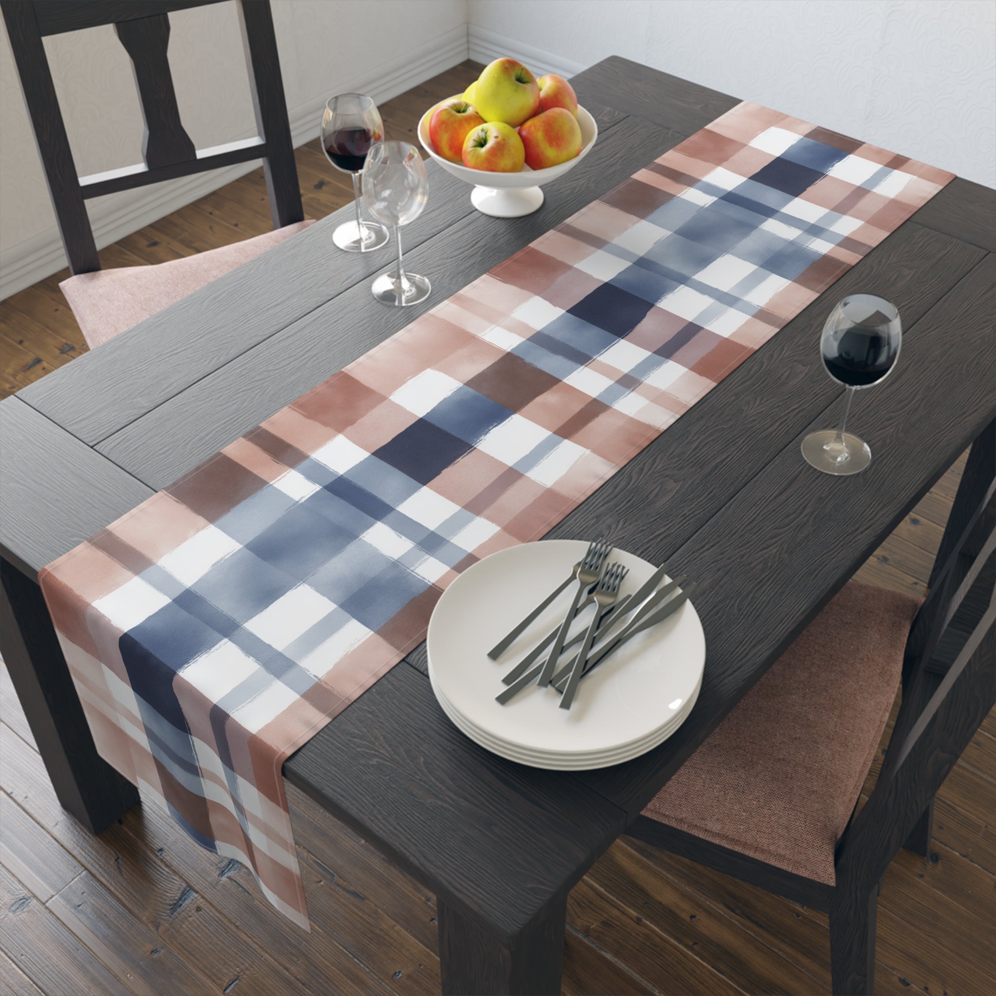 Plaid Watercolor Table Runner â€” Blue & Blush Cotton-Poly Decor