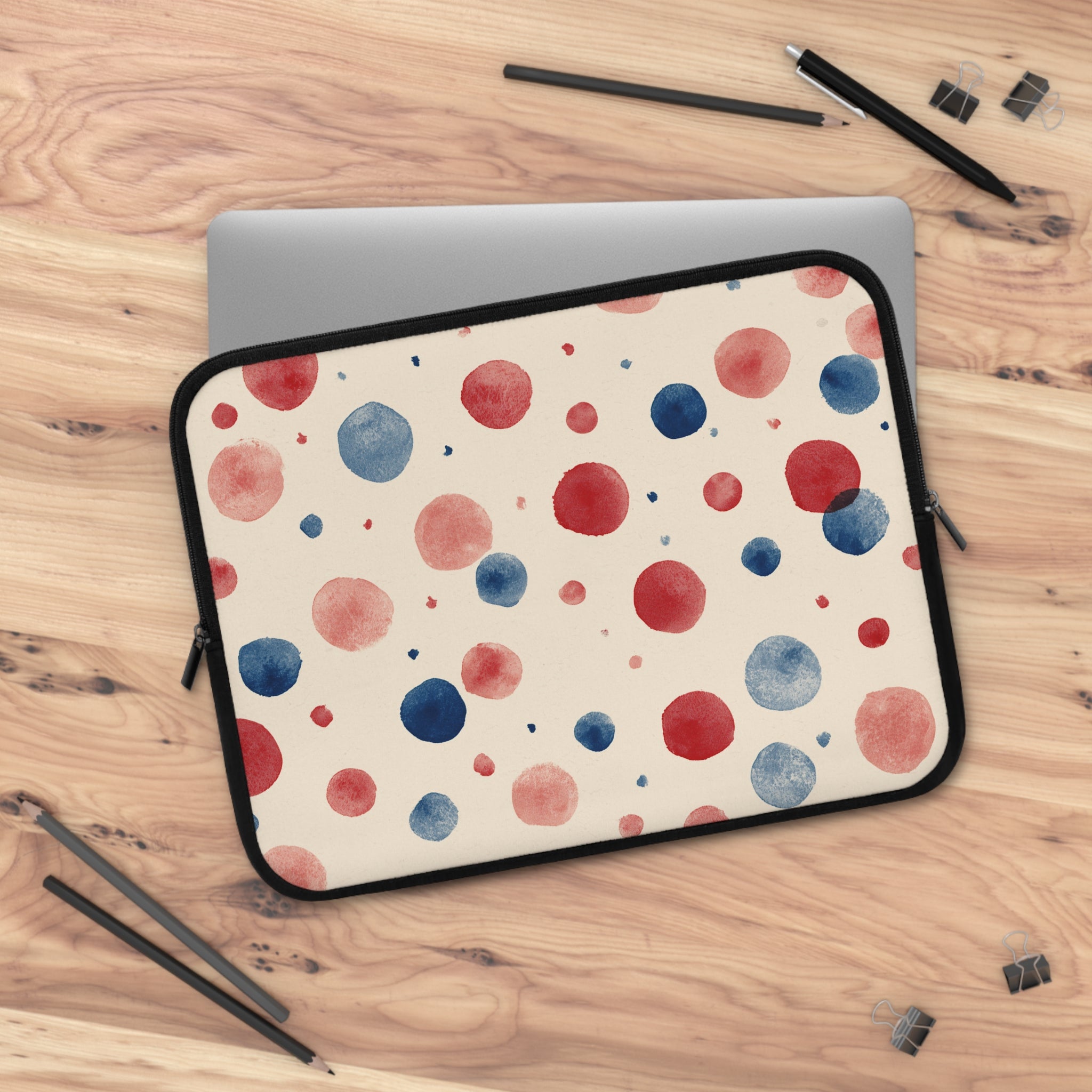 Watercolor Polka Dot Laptop Sleeve â€“ Red & Blue Dots on Cream