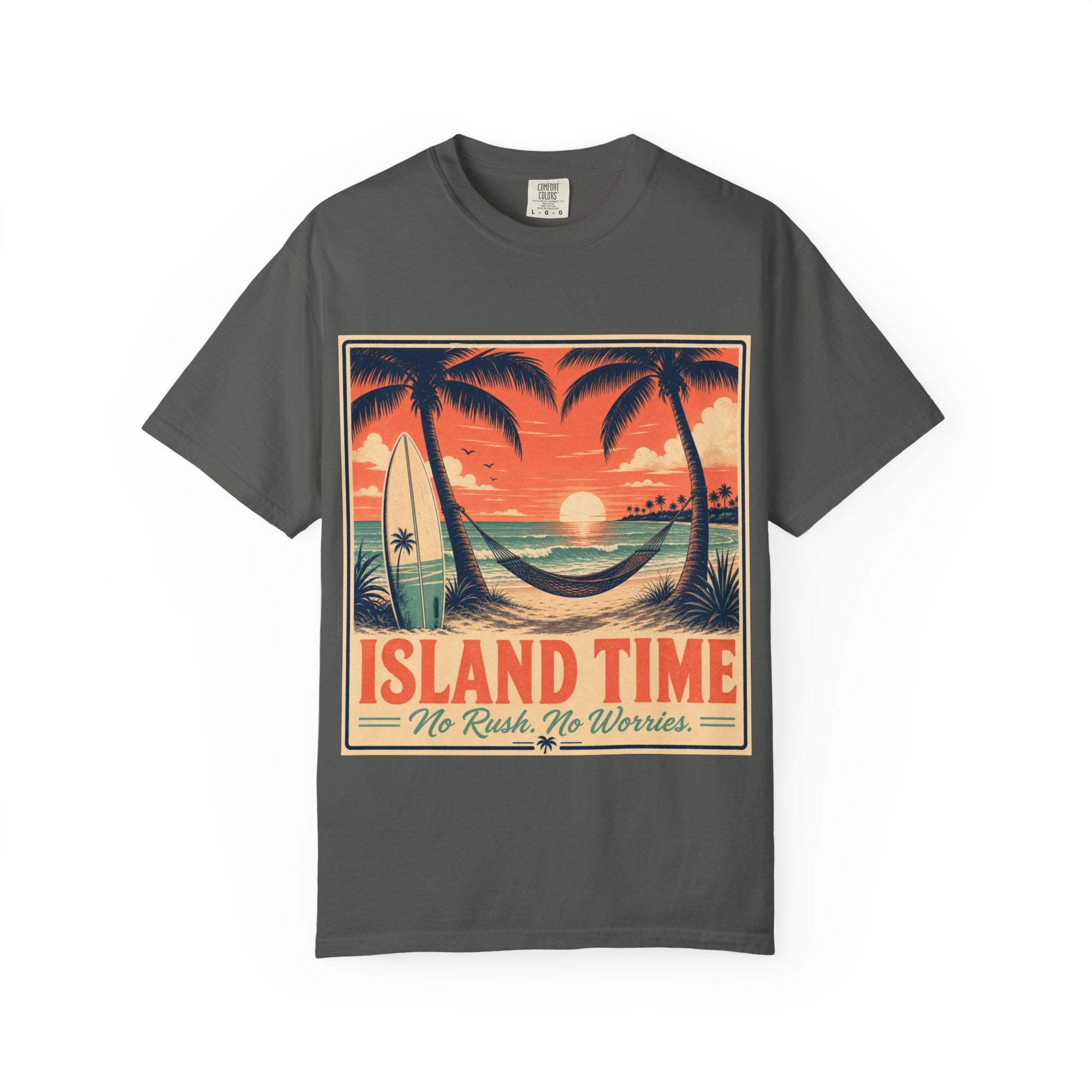 Island Time Graphic T-Shirt — "Island Time: No Rush, No Worries" Vintage Sunset Tee