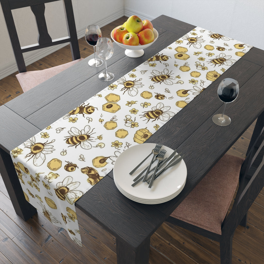 Bee & Honey Floral Table Runner â€” Yellow Bee Pattern Cotton-Poly Home Decor