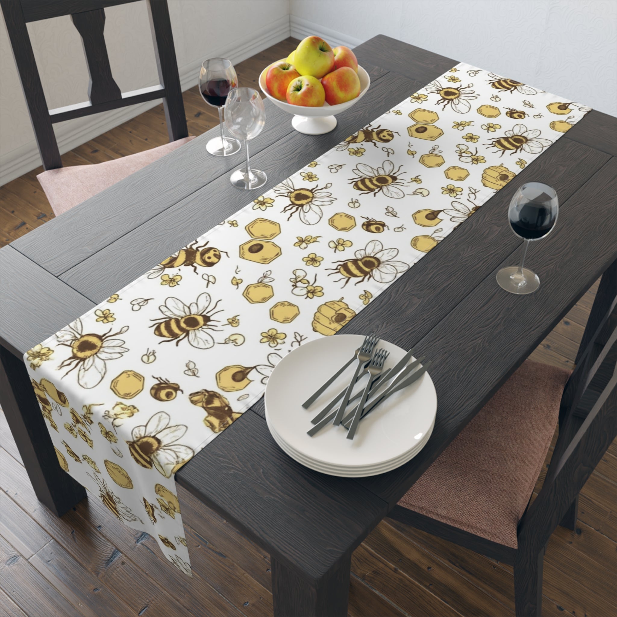 Bee & Honey Floral Table Runner â€” Yellow Bee Pattern Cotton-Poly Home Decor