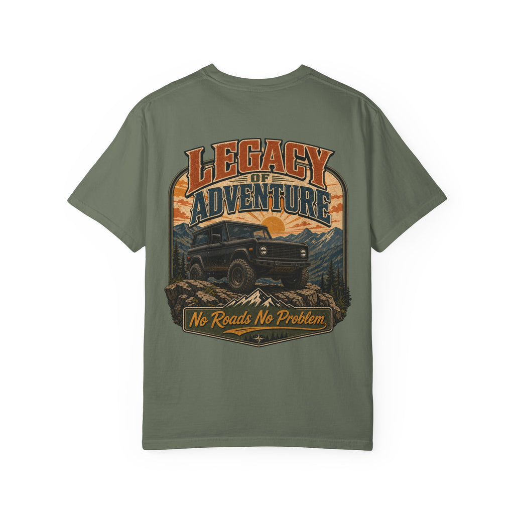 Adventure Bronco T-shirt — "Legacy of Adventure: No Roads No Problem" Graphic Tee