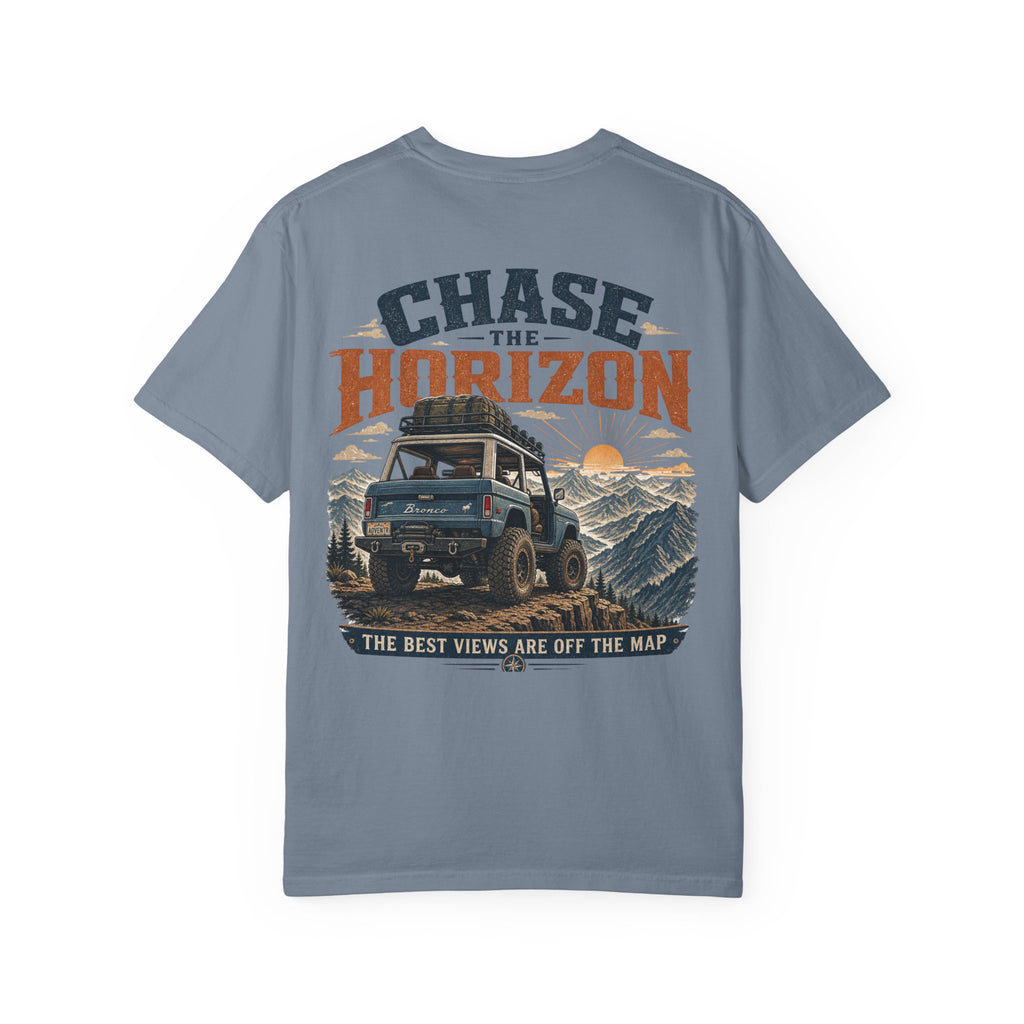 Chase The Horizon Adventure T-Shirt — Off-Road Camper & Mountains Graphic