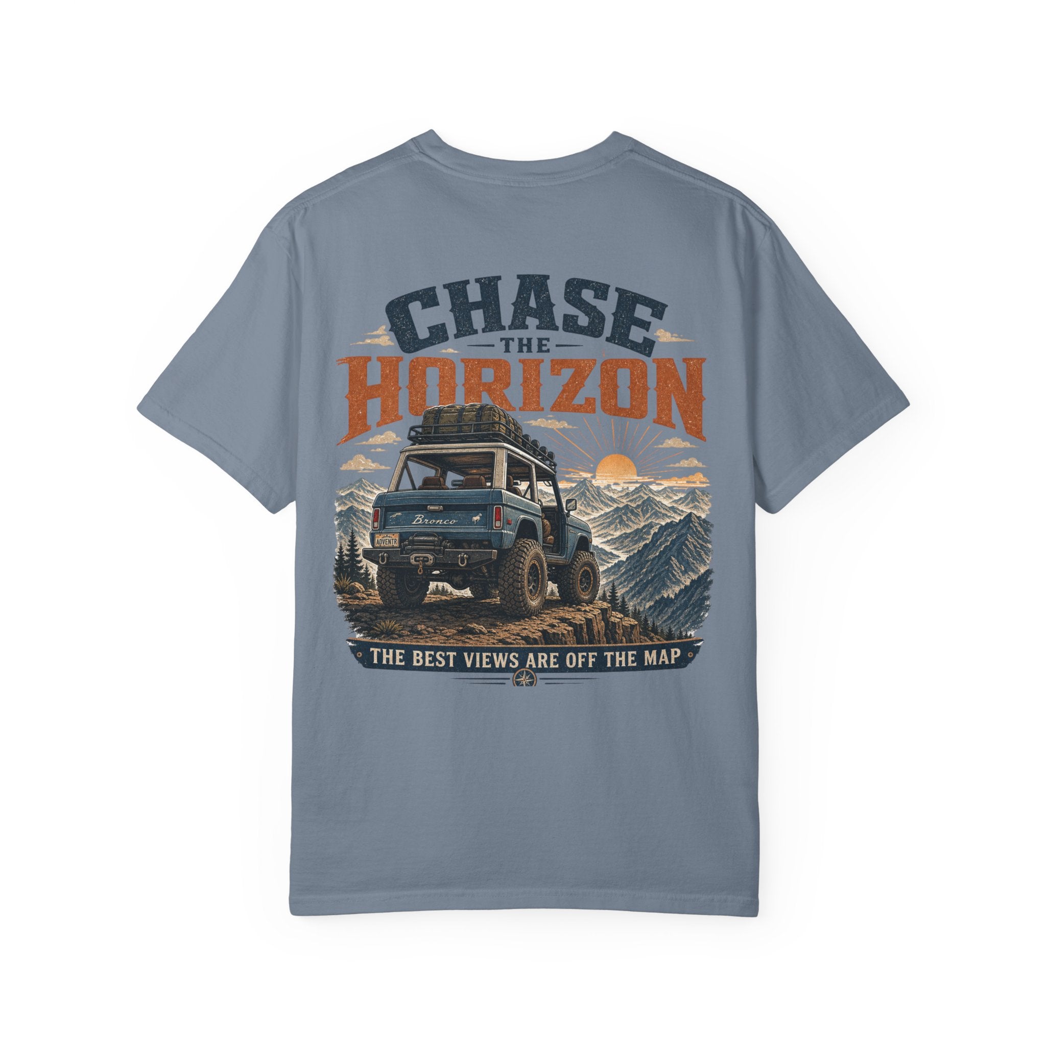 Chase The Horizon Adventure T-Shirt — Off-Road Camper & Mountains Graphic