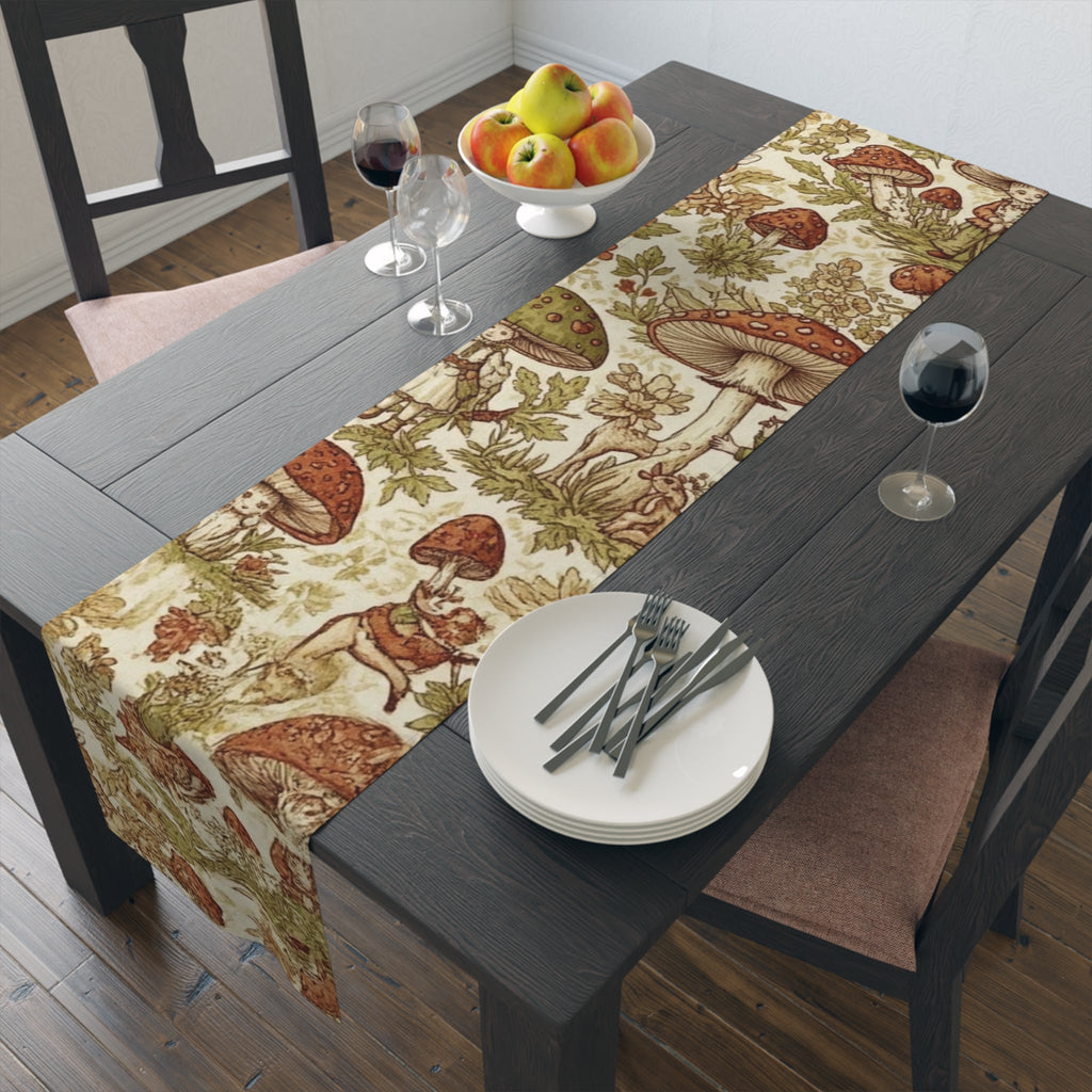Mushroom Forest Table Runner â€” Vintage Botanical Cotton-Polyblend