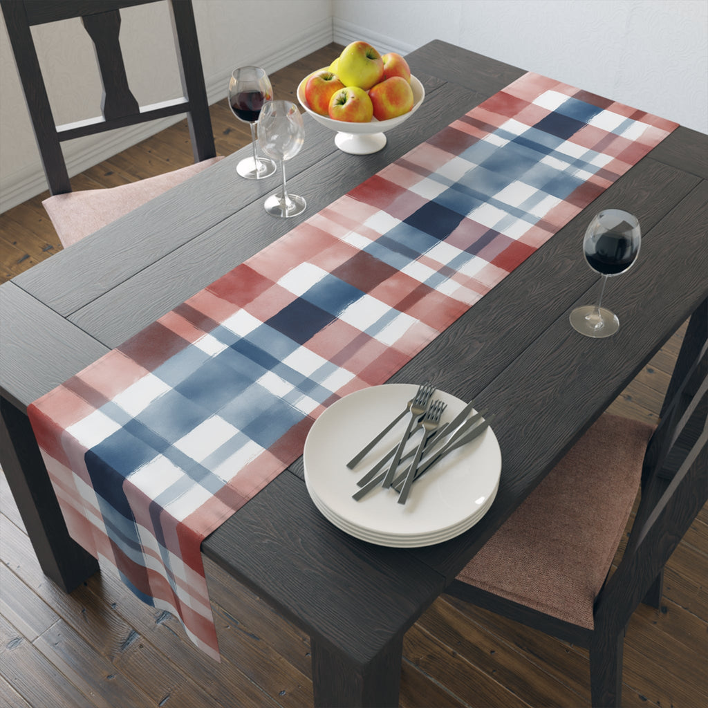 Plaid Watercolor Table Runner â€” Blue & Blush Cotton-Poly Decor