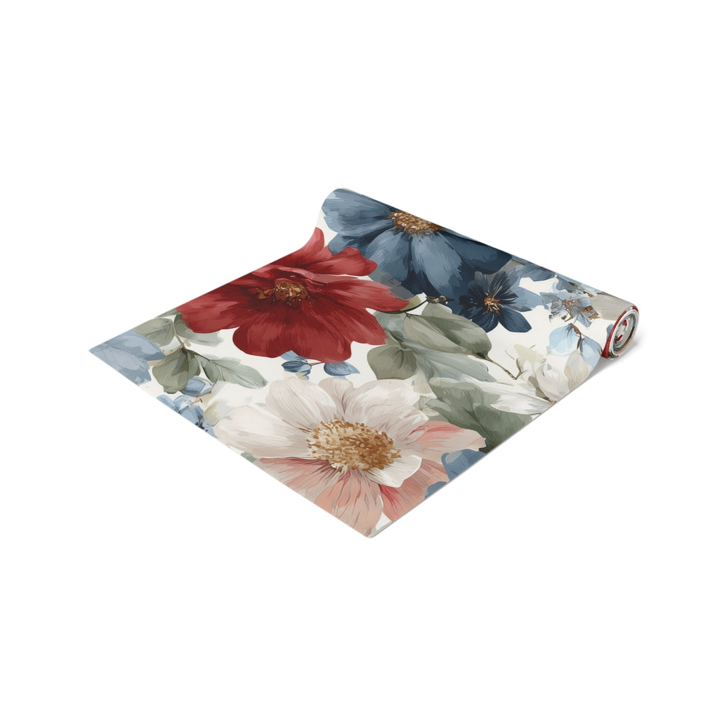 Floral Cotton-Poly Table Runner â€” Blue & Rust Watercolor Garden