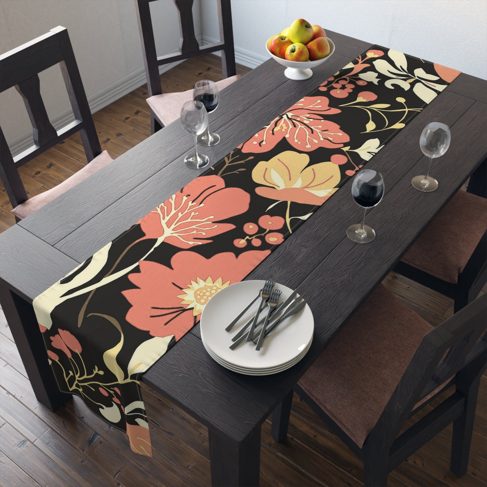 Floral Black & Coral Table Runner â€” Vintage Garden Cotton-Blend Decor 16x90