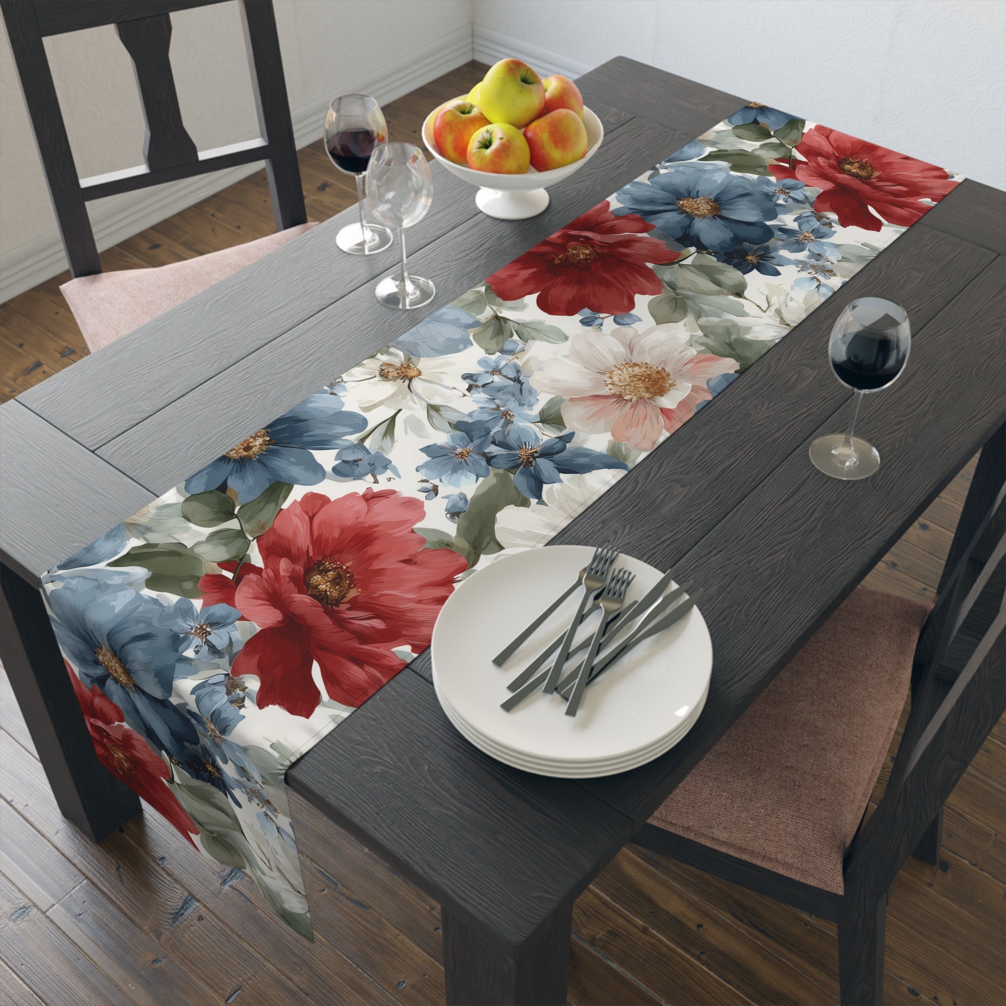 Floral Cotton-Poly Table Runner â€” Blue & Rust Watercolor Garden