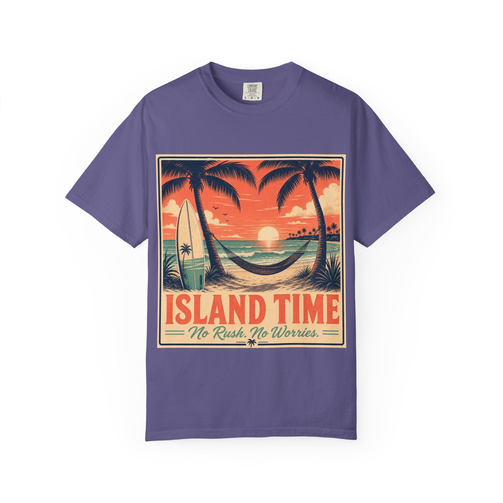 Island Time Graphic T-Shirt — "Island Time: No Rush, No Worries" Vintage Sunset Tee