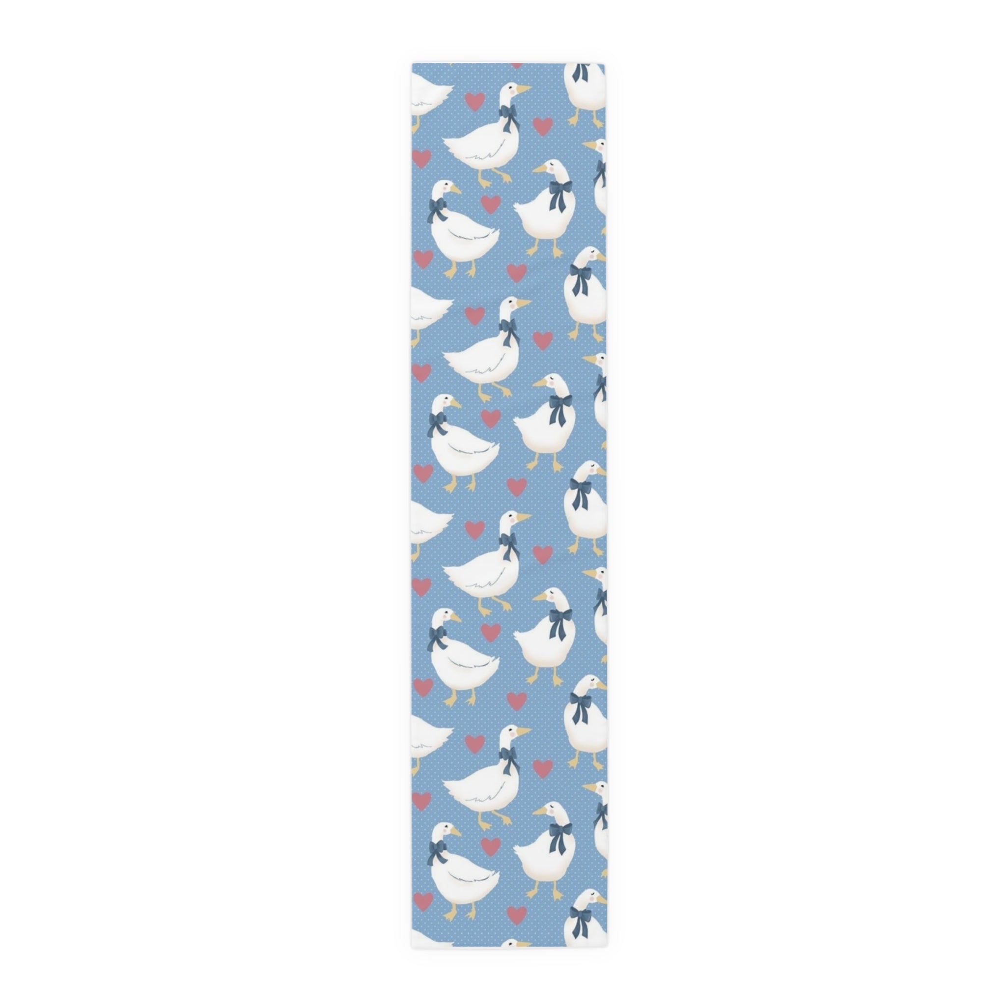 Goose Pattern Table Runner â€” Blue Cotton-Poly Dining Runner with Cute Hearts
