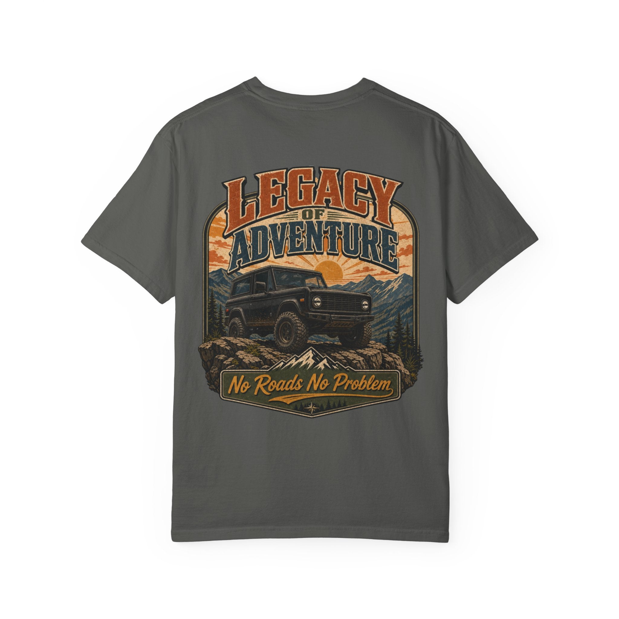 Adventure Bronco T-shirt — "Legacy of Adventure: No Roads No Problem" Graphic Tee