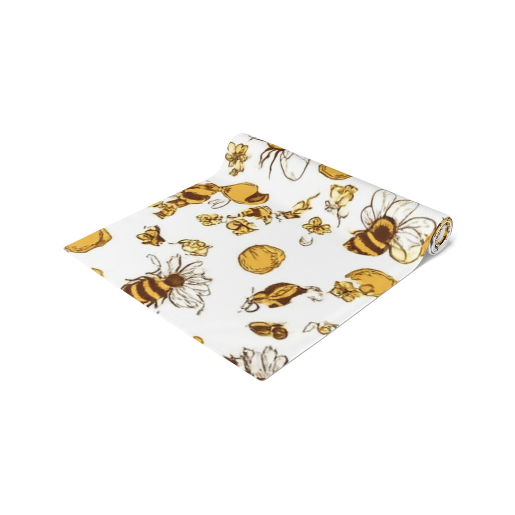 Bee & Honey Floral Table Runner â€” Yellow Bee Pattern Cotton-Poly Home Decor
