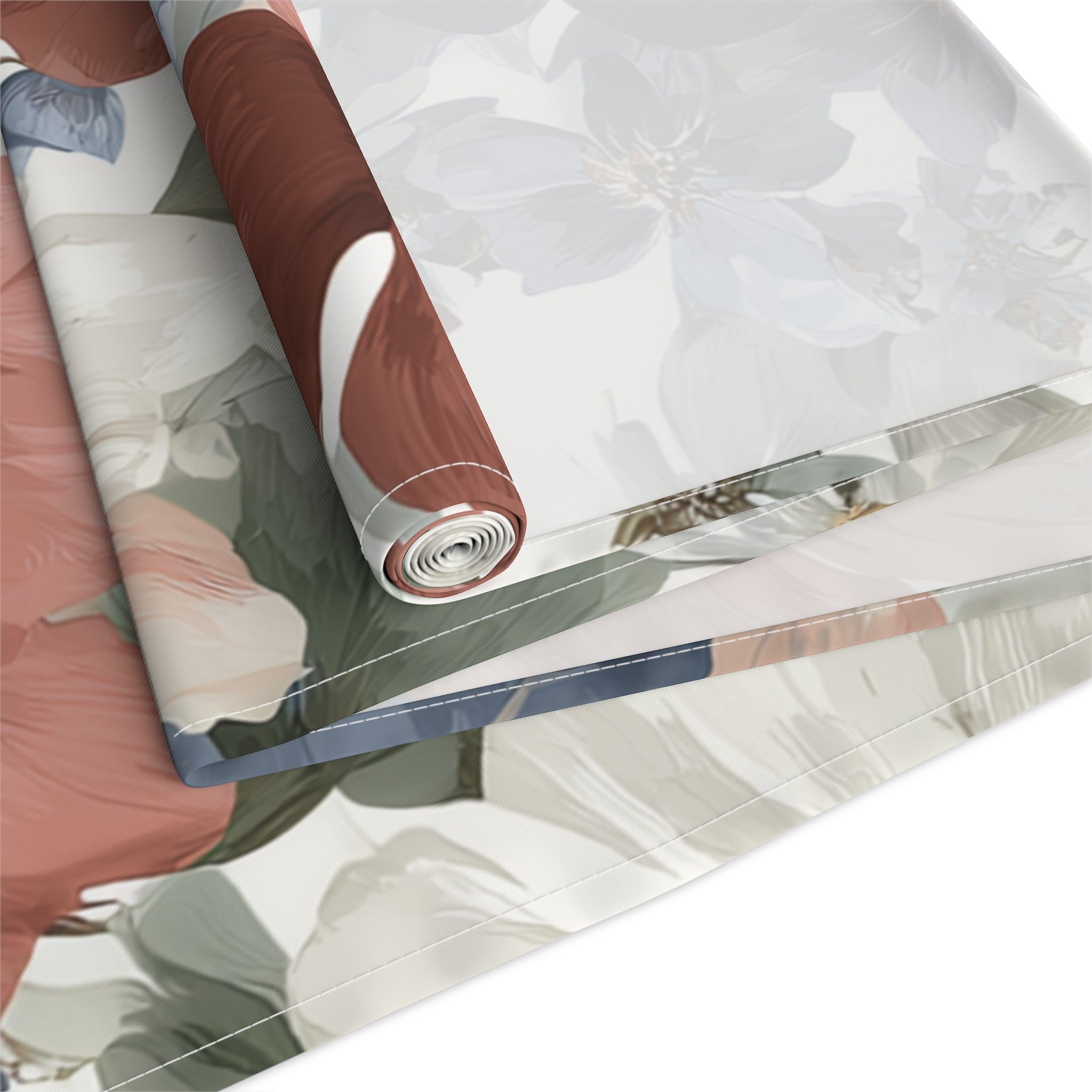 Floral Cotton-Poly Table Runner â€” Blue & Rust Watercolor Garden