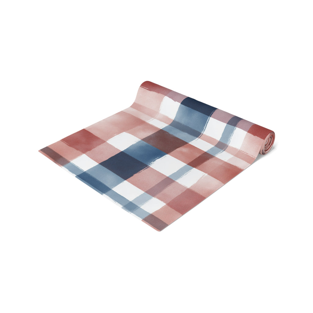 Plaid Watercolor Table Runner â€” Blue & Blush Cotton-Poly Decor