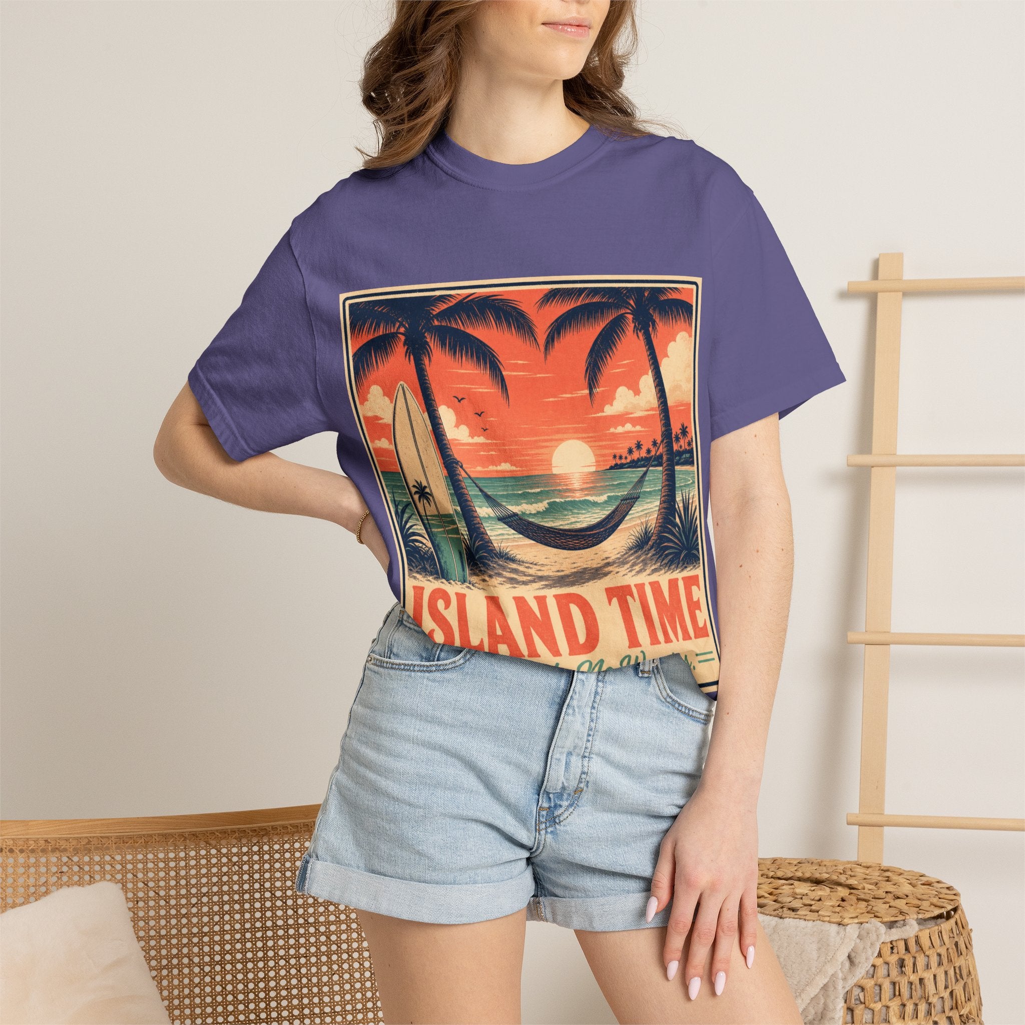 Island Time Graphic T-Shirt — "Island Time: No Rush, No Worries" Vintage Sunset Tee