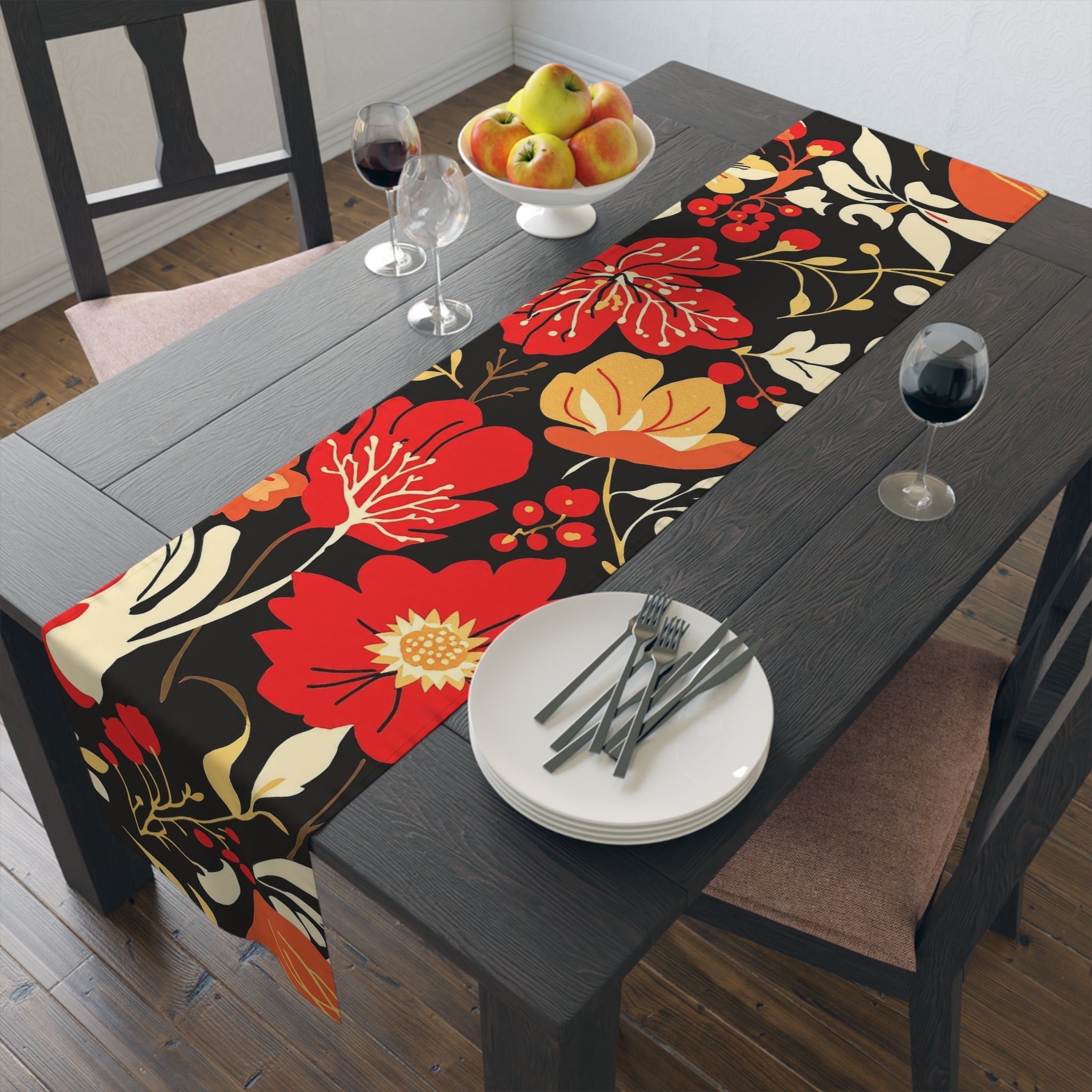 Floral Noir Table Runner â€” Coral & Cream Garden Pattern 16x72