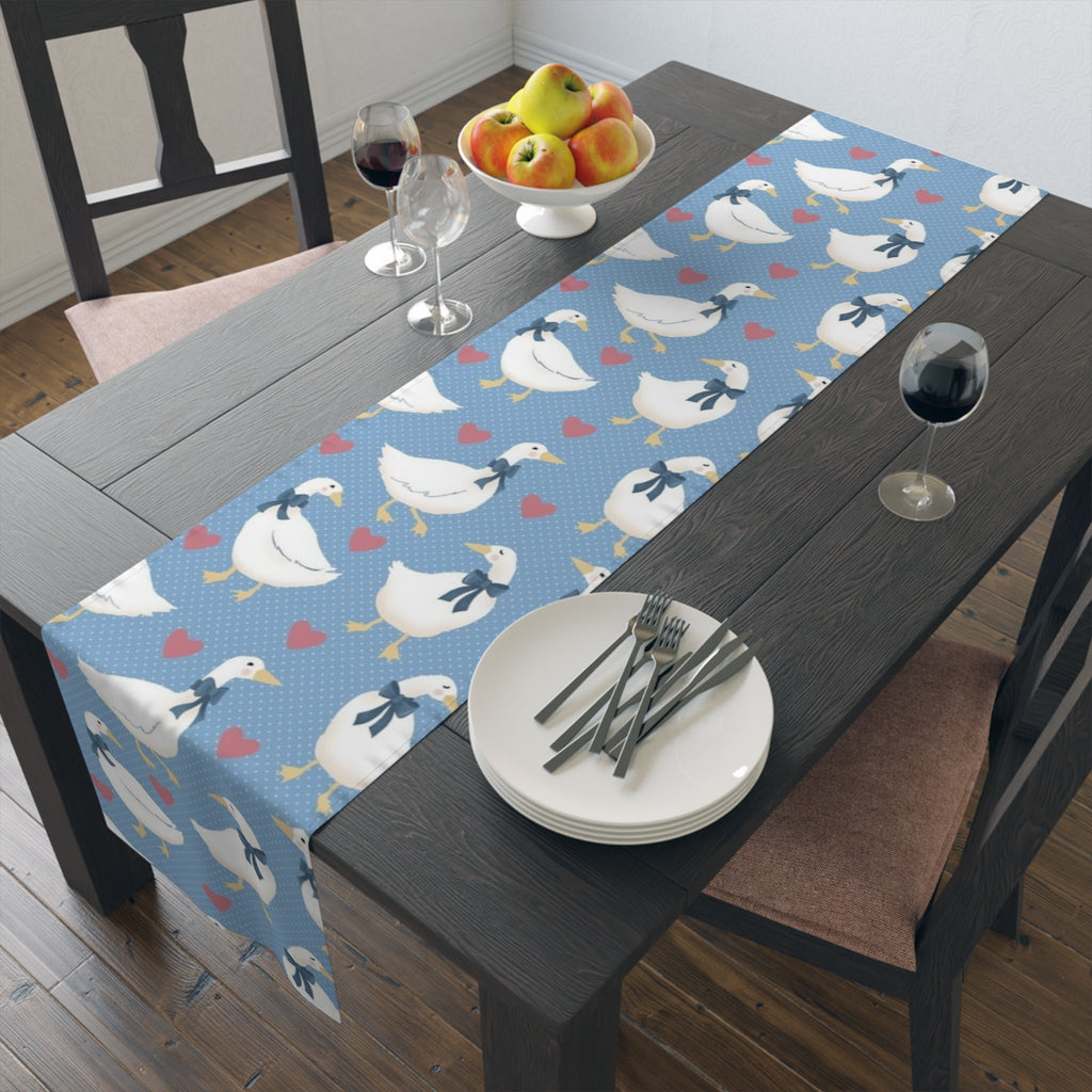 Goose Pattern Table Runner â€” Blue Cotton-Poly Dining Runner with Cute Hearts