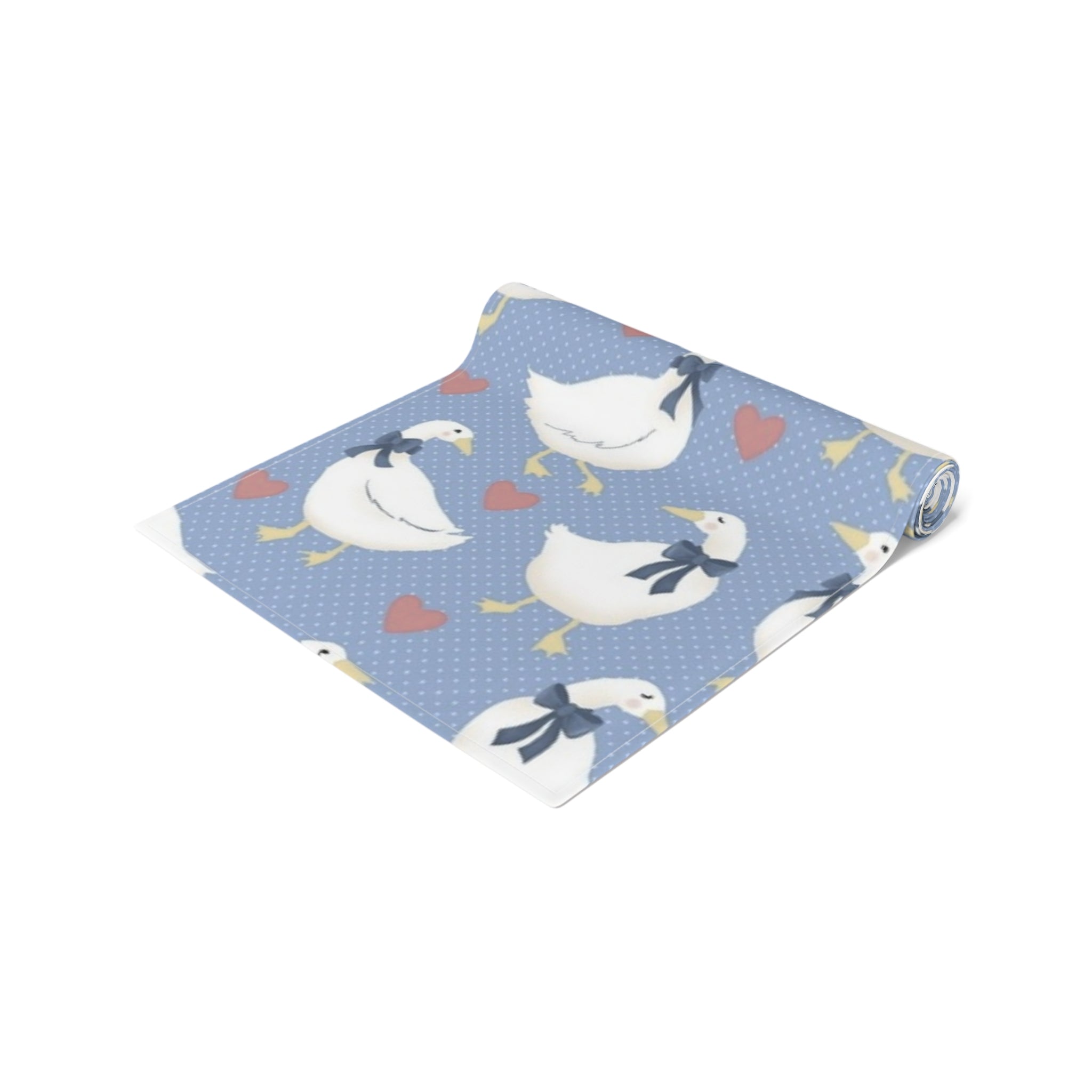 Goose Pattern Table Runner â€” Blue Cotton-Poly Dining Runner with Cute Hearts
