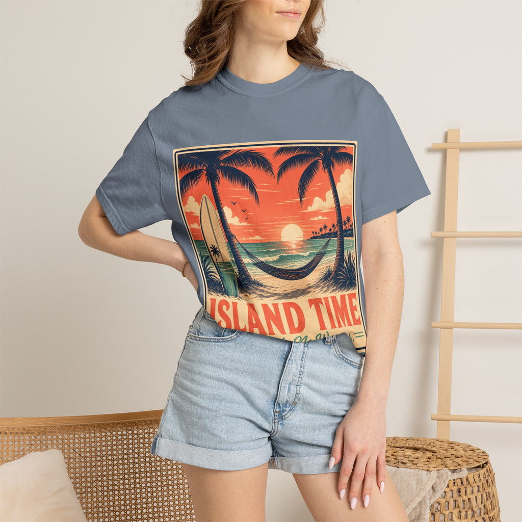 Island Time Graphic T-Shirt — "Island Time: No Rush, No Worries" Vintage Sunset Tee